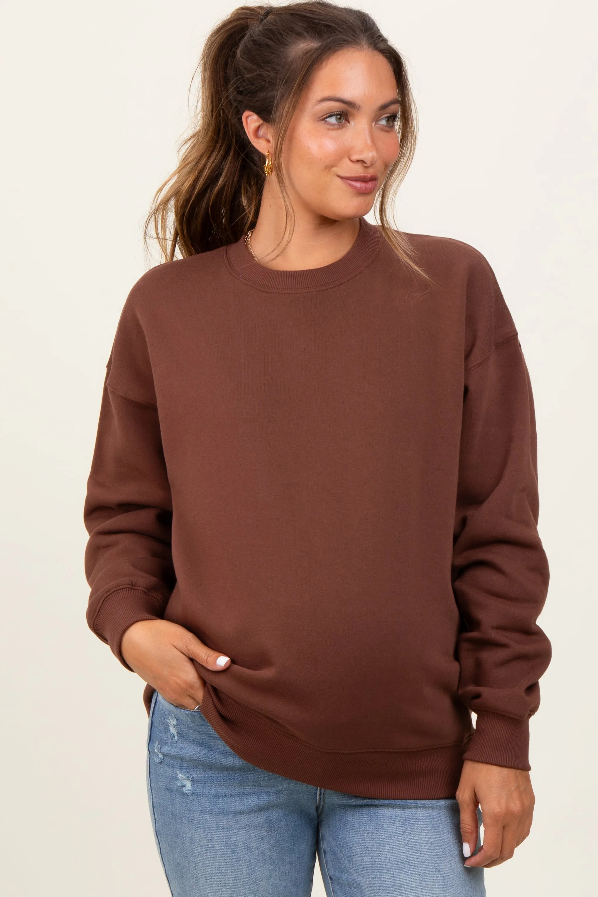 Brown Fleece Crew Neck Relaxed Fit Maternity Sweatshirt sold by Pinkblush