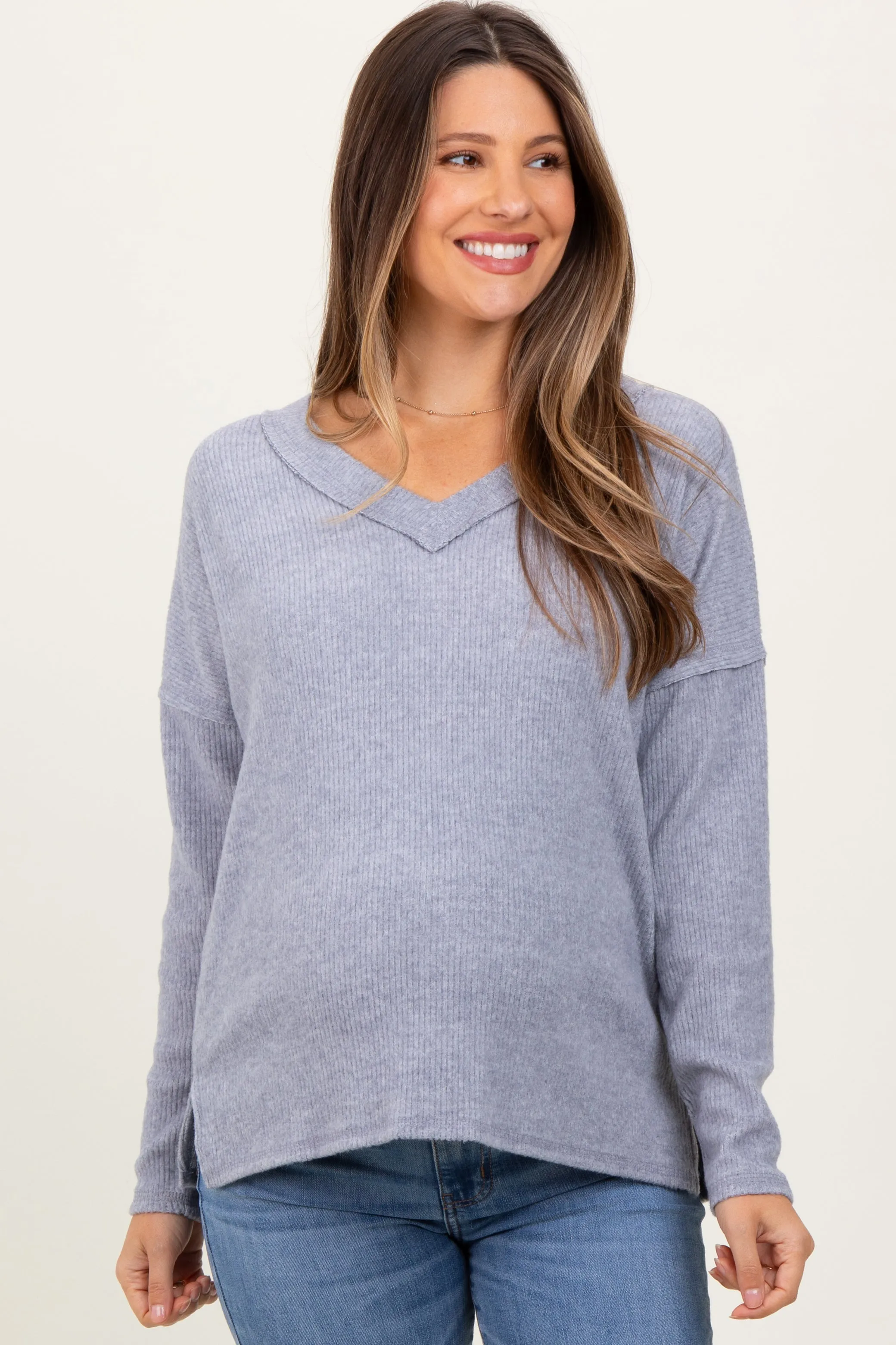 Heather Grey Ribbed V-Neck Long Sleeve Maternity Top sold by Pinkblush