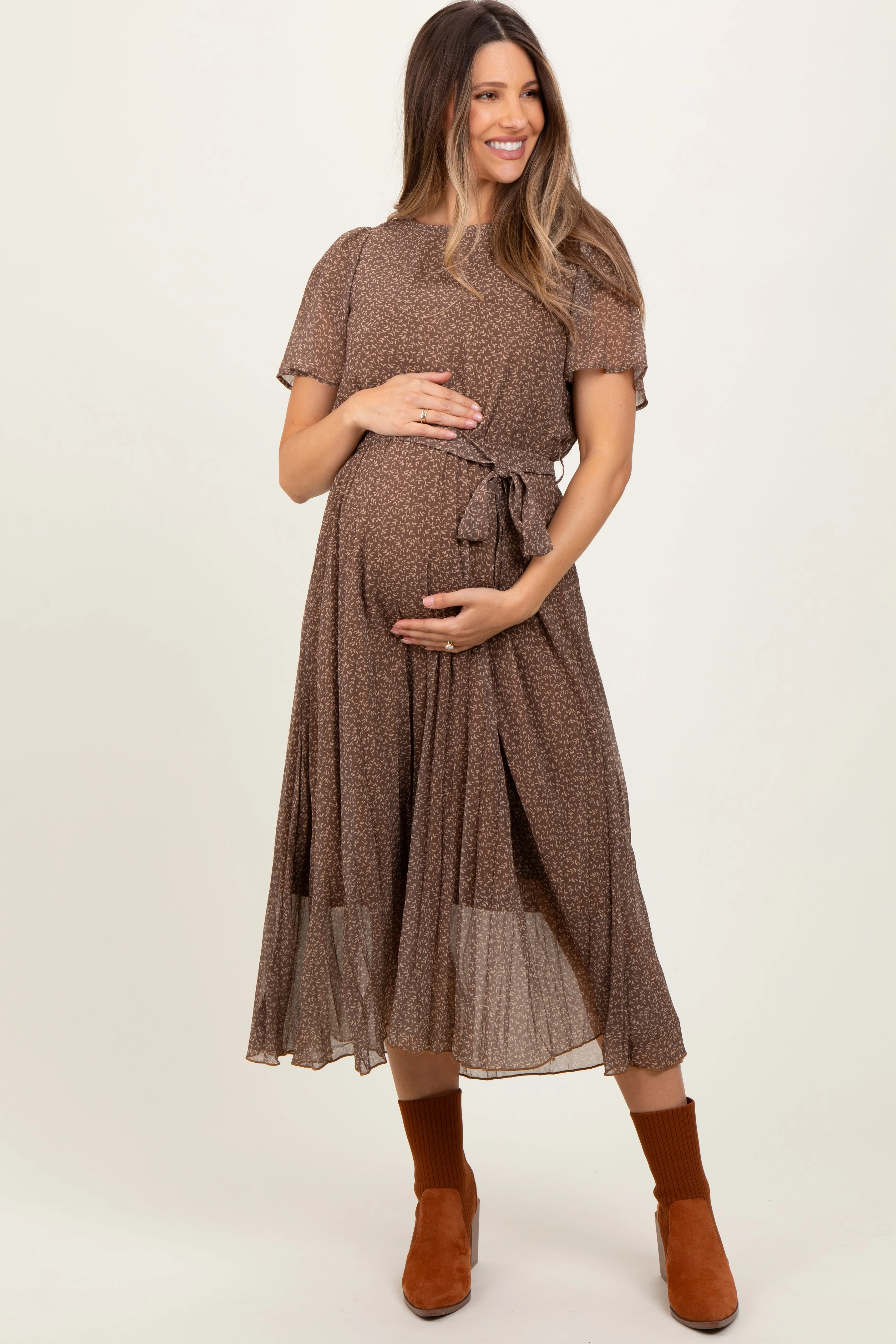 Mocha Leaf Print Pleated Maternity Midi Dress sold by Pinkblush