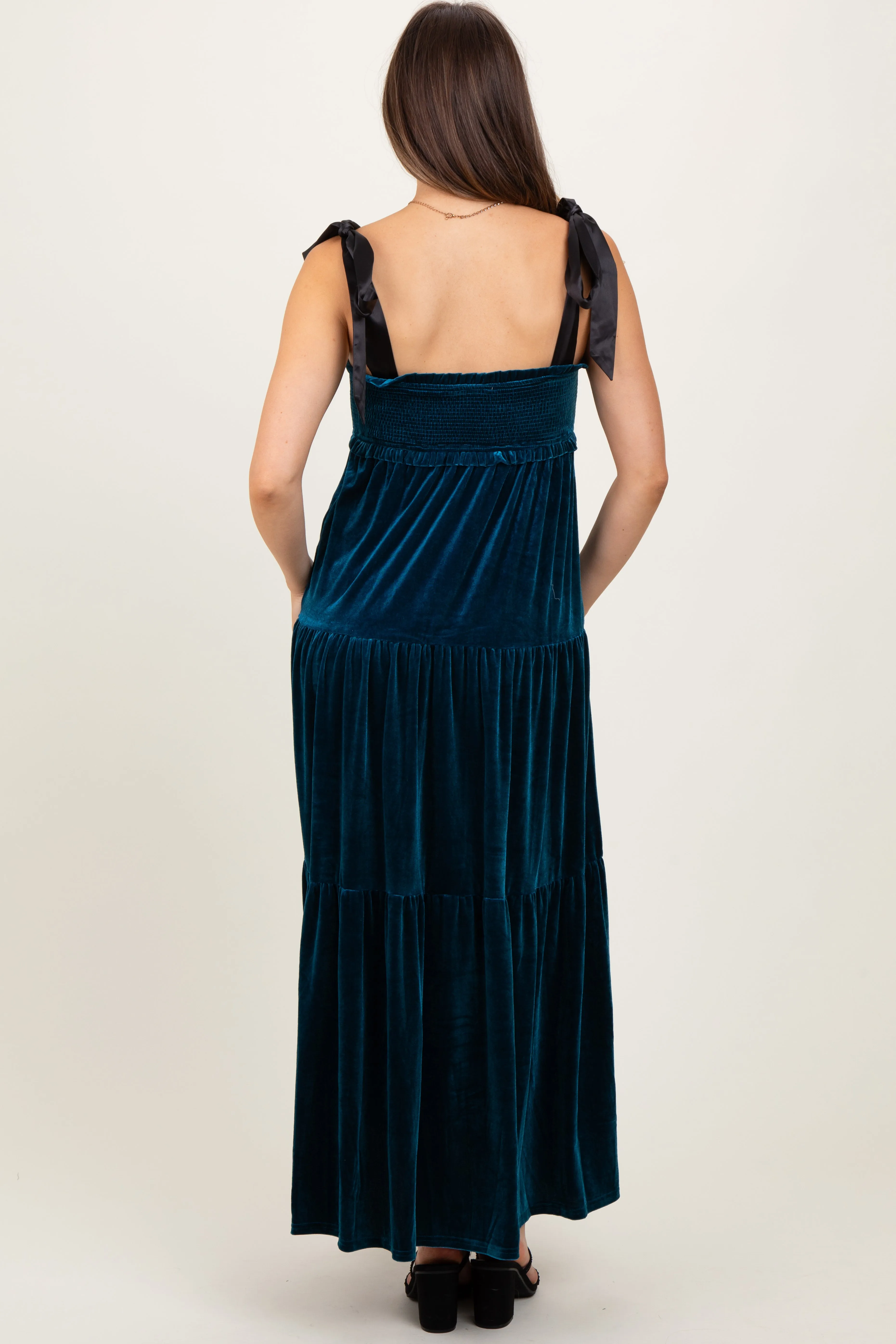 Deep Teal Velvet Smocked Satin Shoulder Tie Maternity Maxi Dress sold by Pinkblush product image thumbnail 4