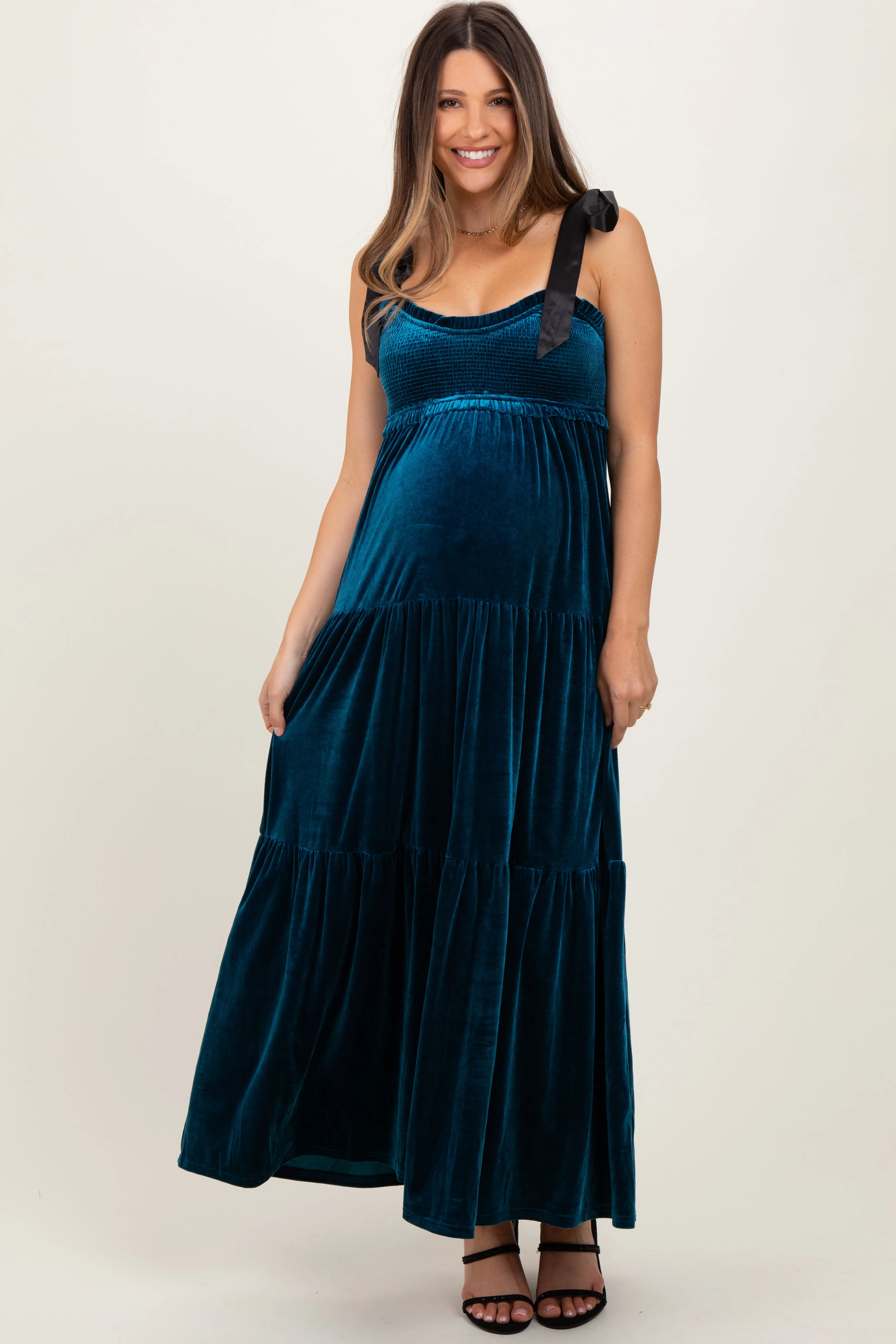 Deep Teal Velvet Smocked Satin Shoulder Tie Maternity Maxi Dress sold by Pinkblush