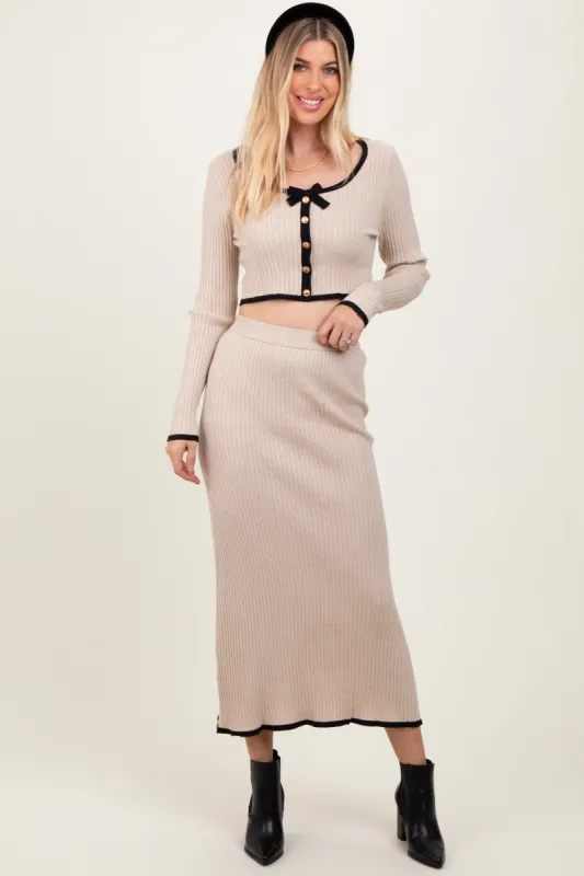 Cream Contrast Bow Ribbed Knit Crop Top And Midi Skirt Set sold by Pinkblush