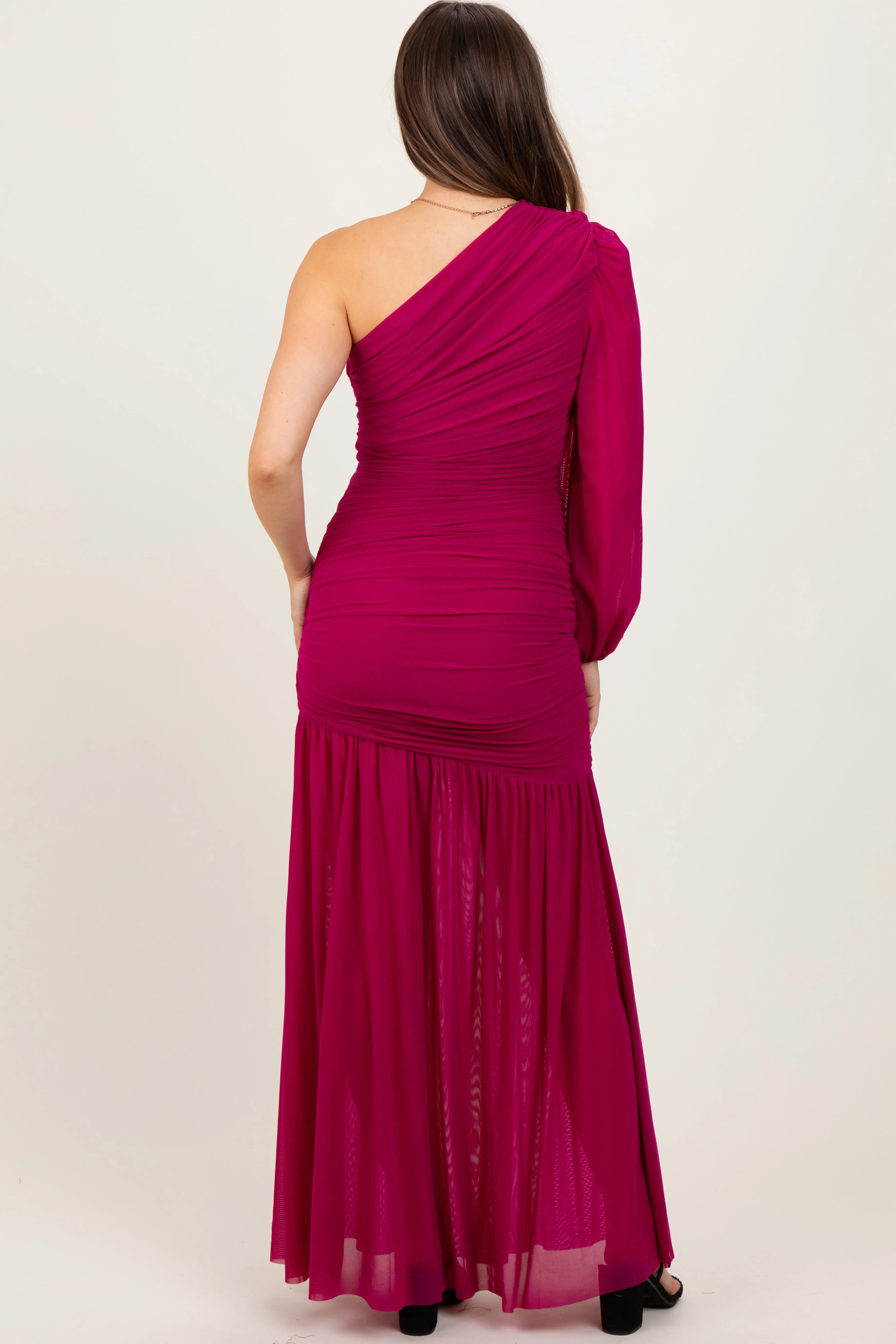 Magenta Ruched Mesh One Shoulder Asymmetric Maternity Maxi Dress sold by Pinkblush product image thumbnail 3