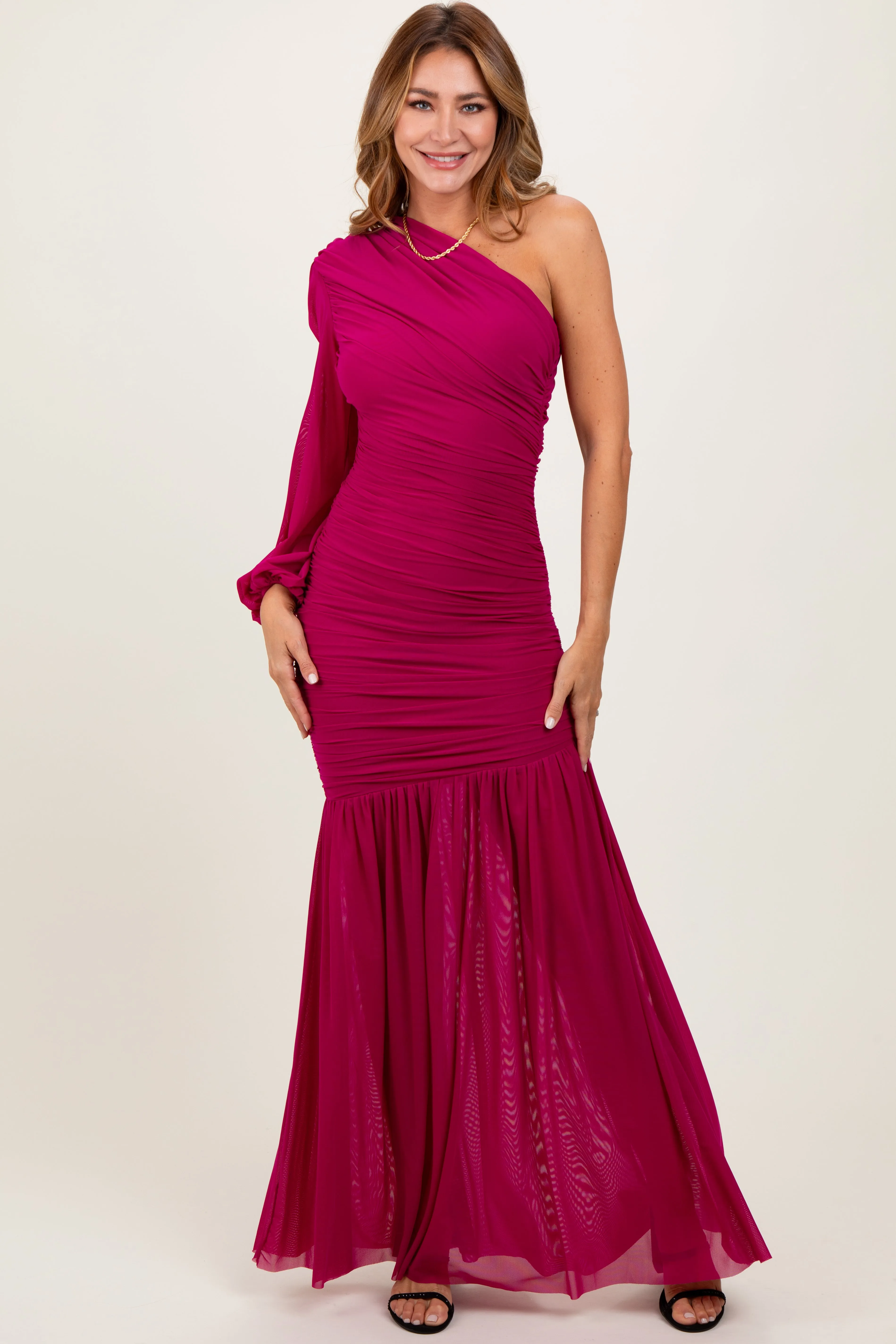 Magenta Ruched Mesh One Shoulder Asymmetric Maternity Maxi Dress sold by Pinkblush product image thumbnail 4