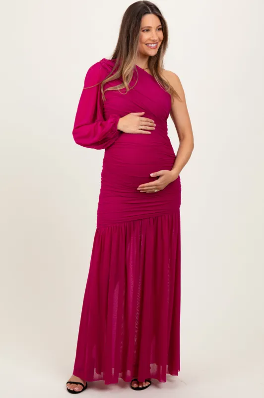 Magenta Ruched Mesh One Shoulder Asymmetric Maternity Maxi Dress sold by Pinkblush