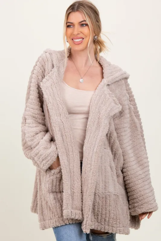 Beige Fuzzy Slit Hem Hooded Cardigan sold by Pinkblush