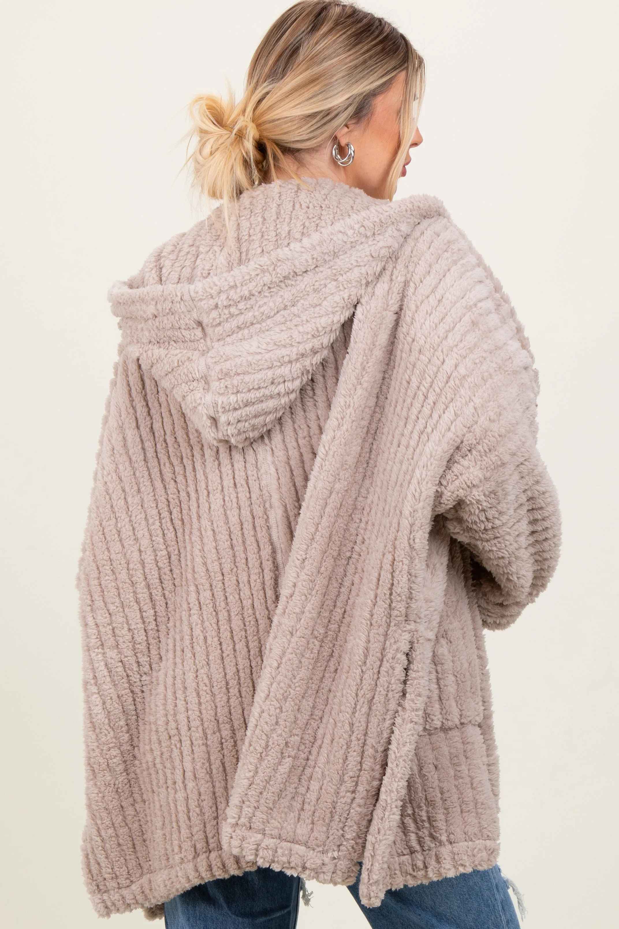 Beige Fuzzy Slit Hem Hooded Cardigan sold by Pinkblush product image thumbnail 2