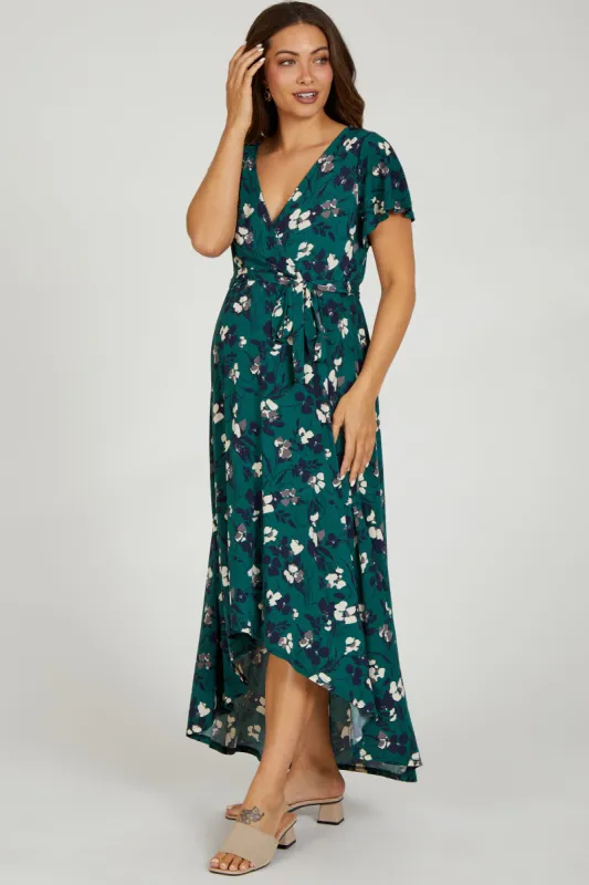Forest Green Floral Wrap Front V-Neck Hi-Low Maternity Midi Dress sold by Pinkblush