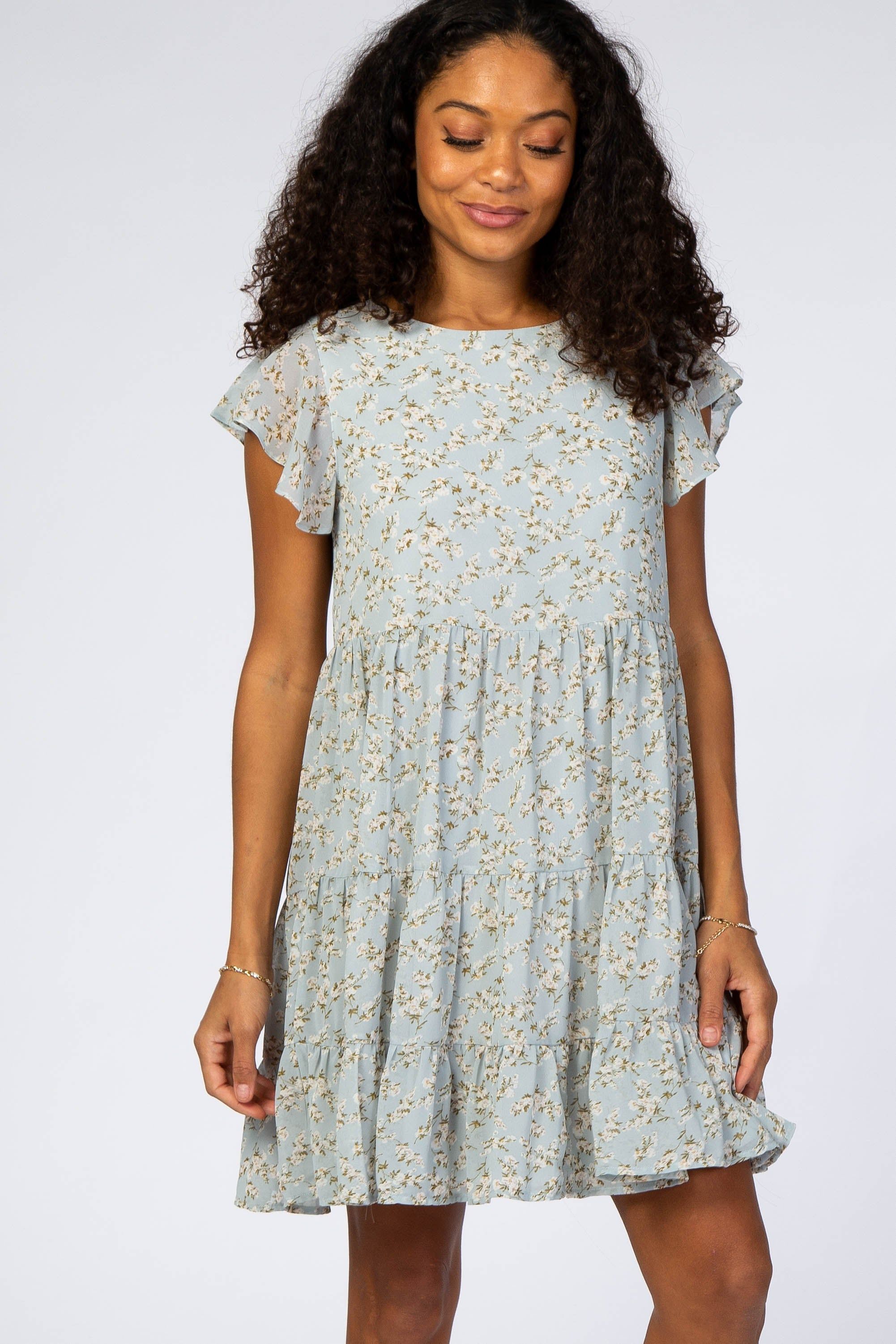 Blue Floral Chiffon Pleated Flutter Sleeve Dress sold by Pinkblush product image thumbnail 4