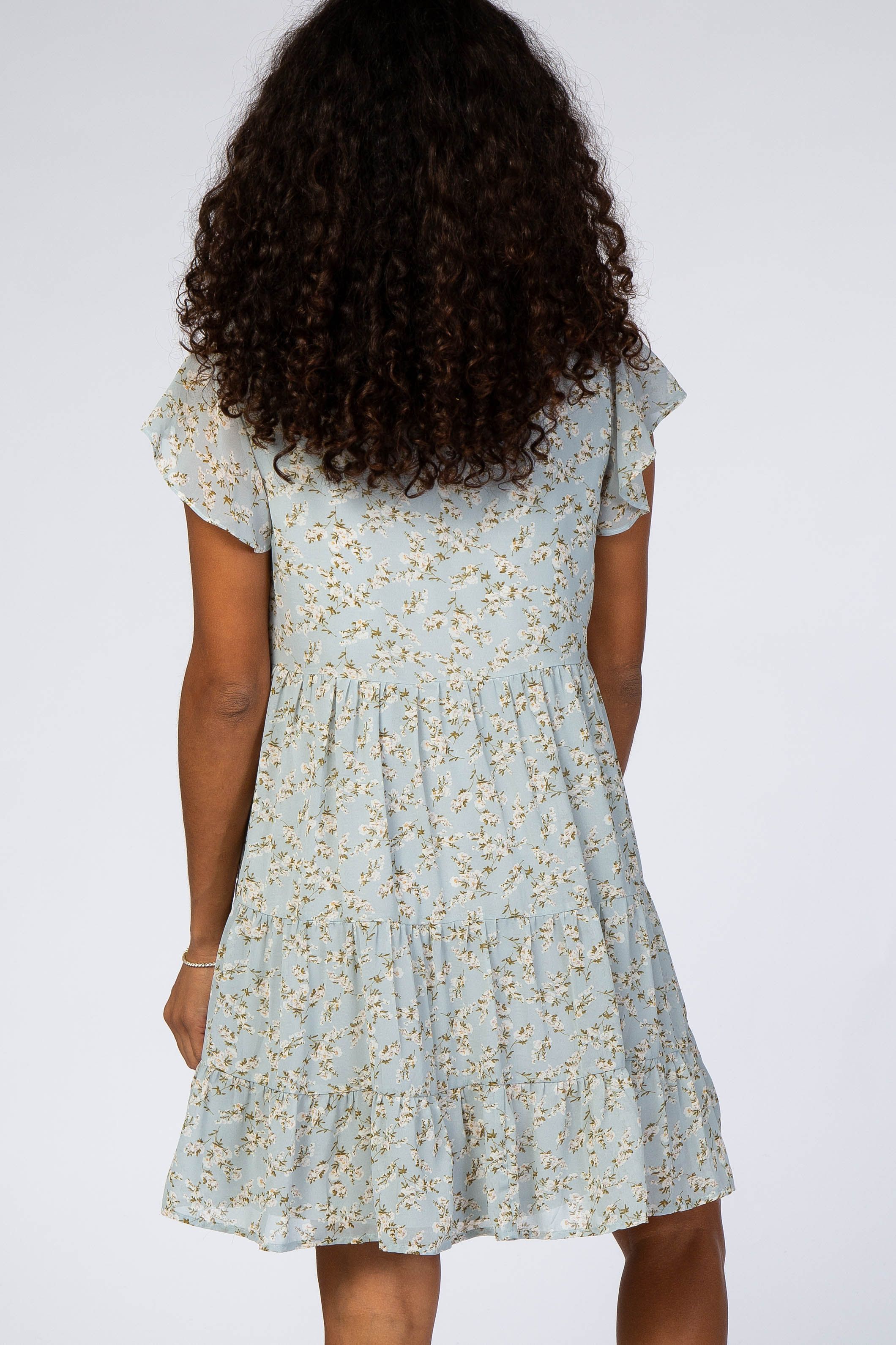 Blue Floral Chiffon Pleated Flutter Sleeve Dress sold by Pinkblush product image thumbnail 3