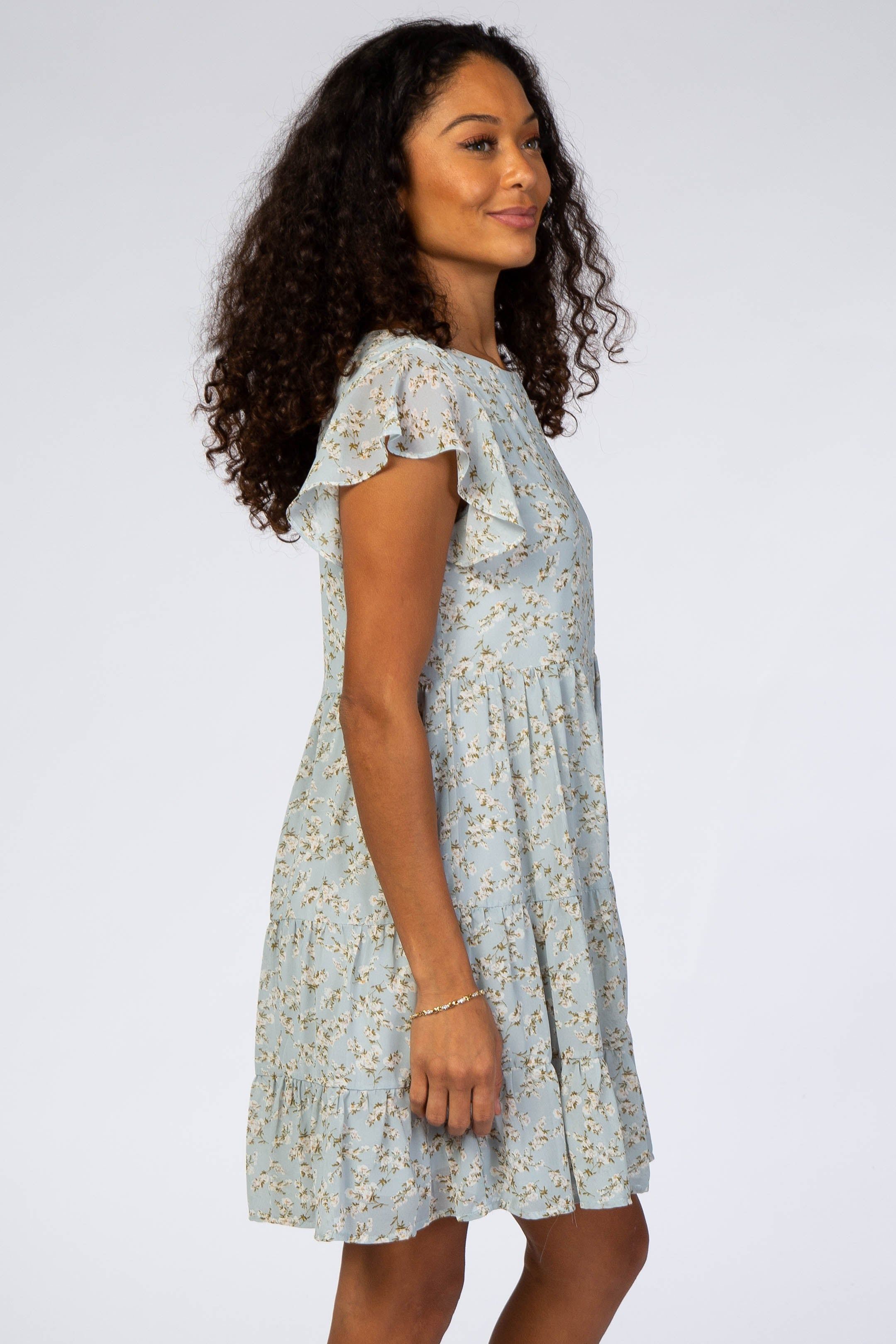 Blue Floral Chiffon Pleated Flutter Sleeve Dress sold by Pinkblush product image thumbnail 2