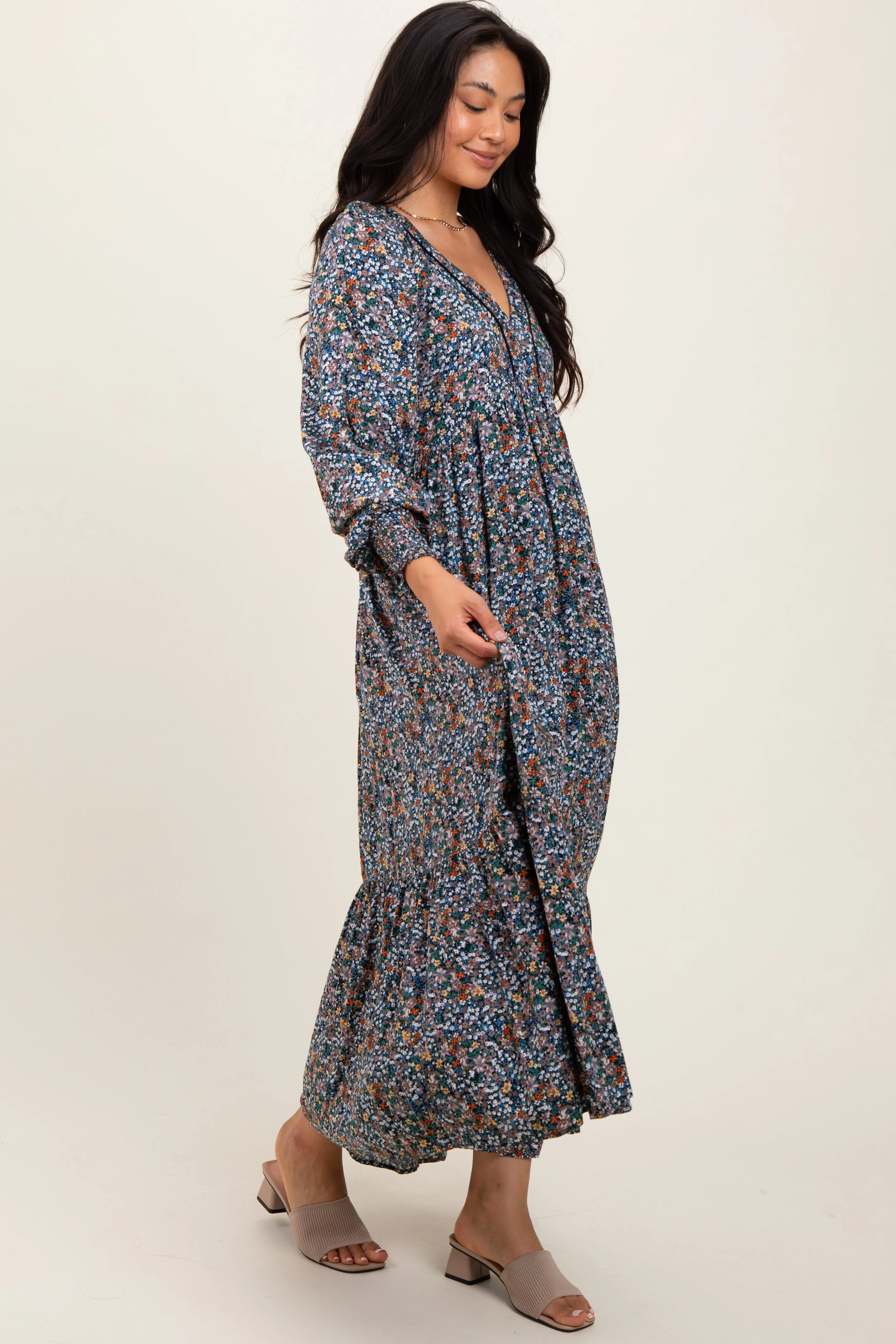 Navy Floral V-Neck Bubble Sleeve Maxi Dress sold by Pinkblush product image thumbnail 2