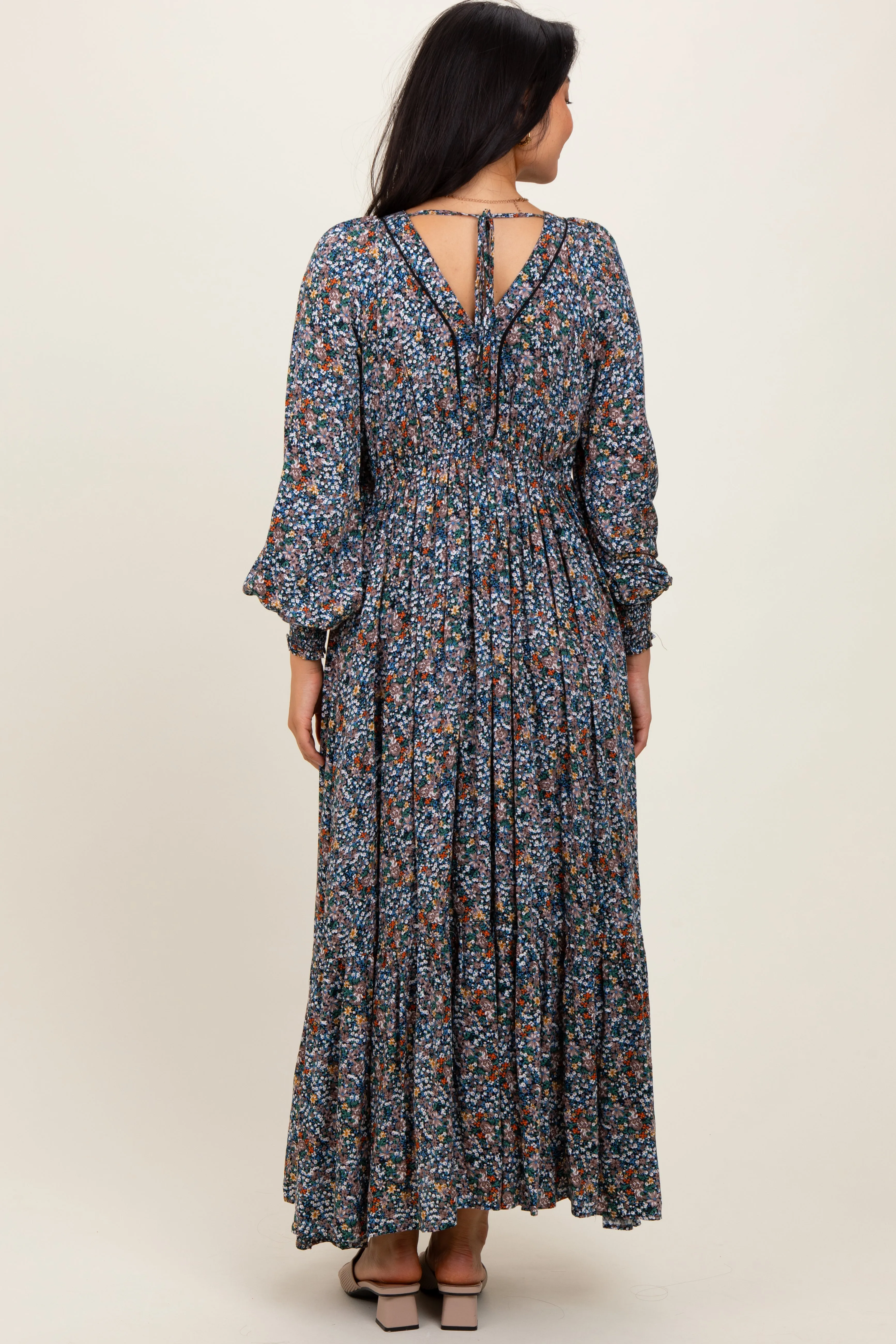 Navy Floral V-Neck Bubble Sleeve Maxi Dress sold by Pinkblush product image thumbnail 3