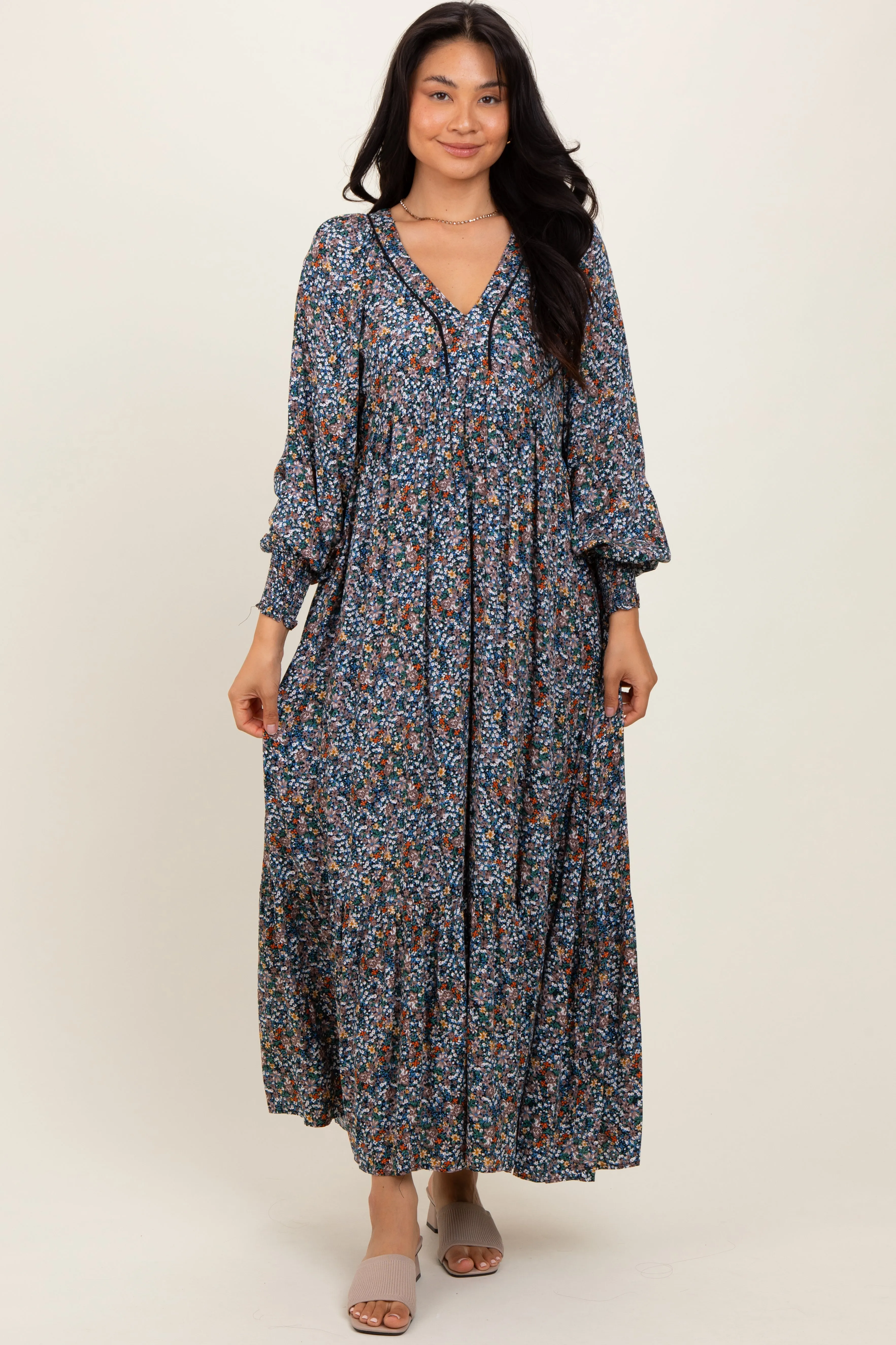 Navy Floral V-Neck Bubble Sleeve Maxi Dress sold by Pinkblush
