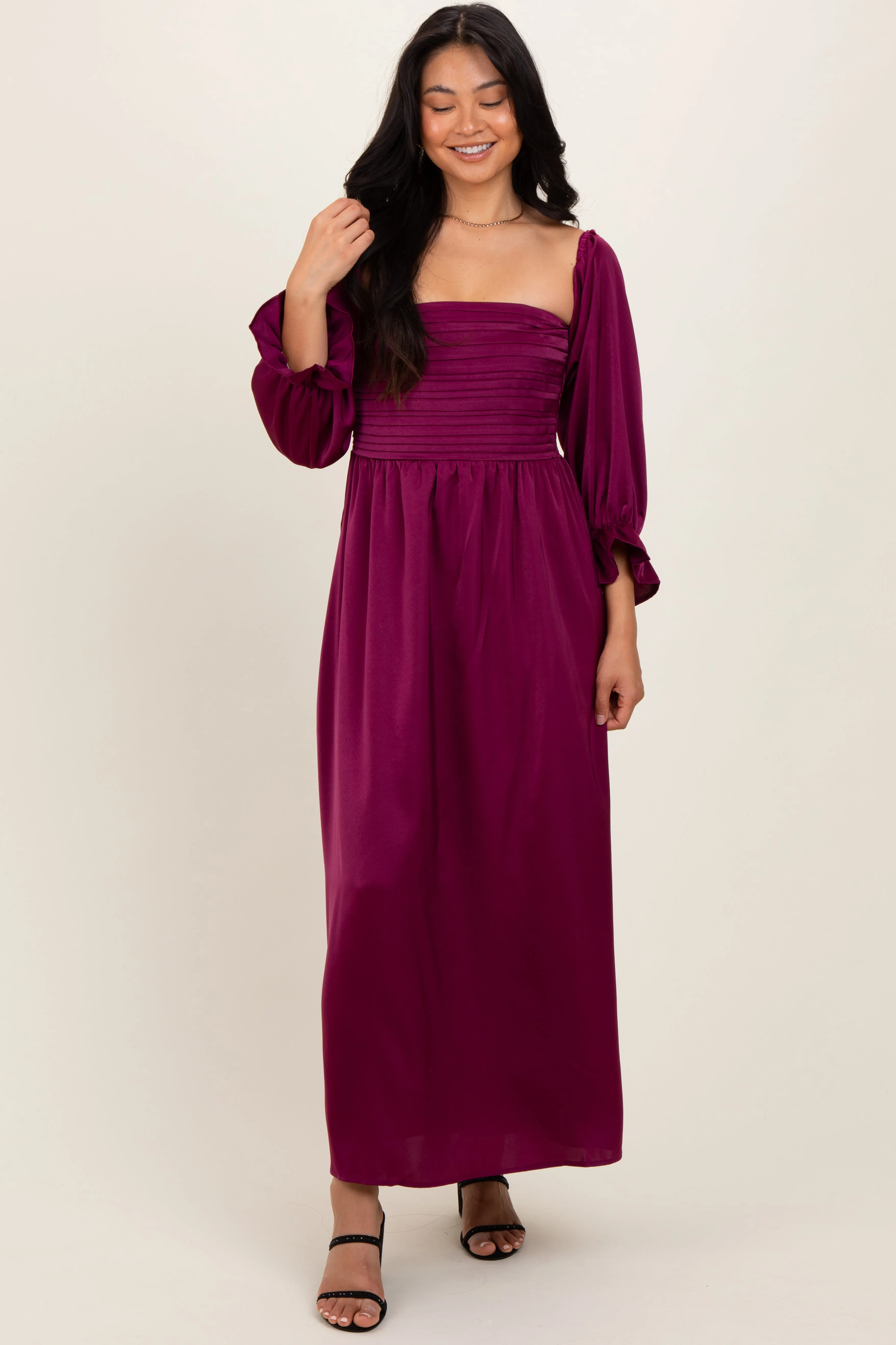Burgundy Off Shoulder Satin Pleated Bodice Maxi Dress sold by Pinkblush product image thumbnail 2