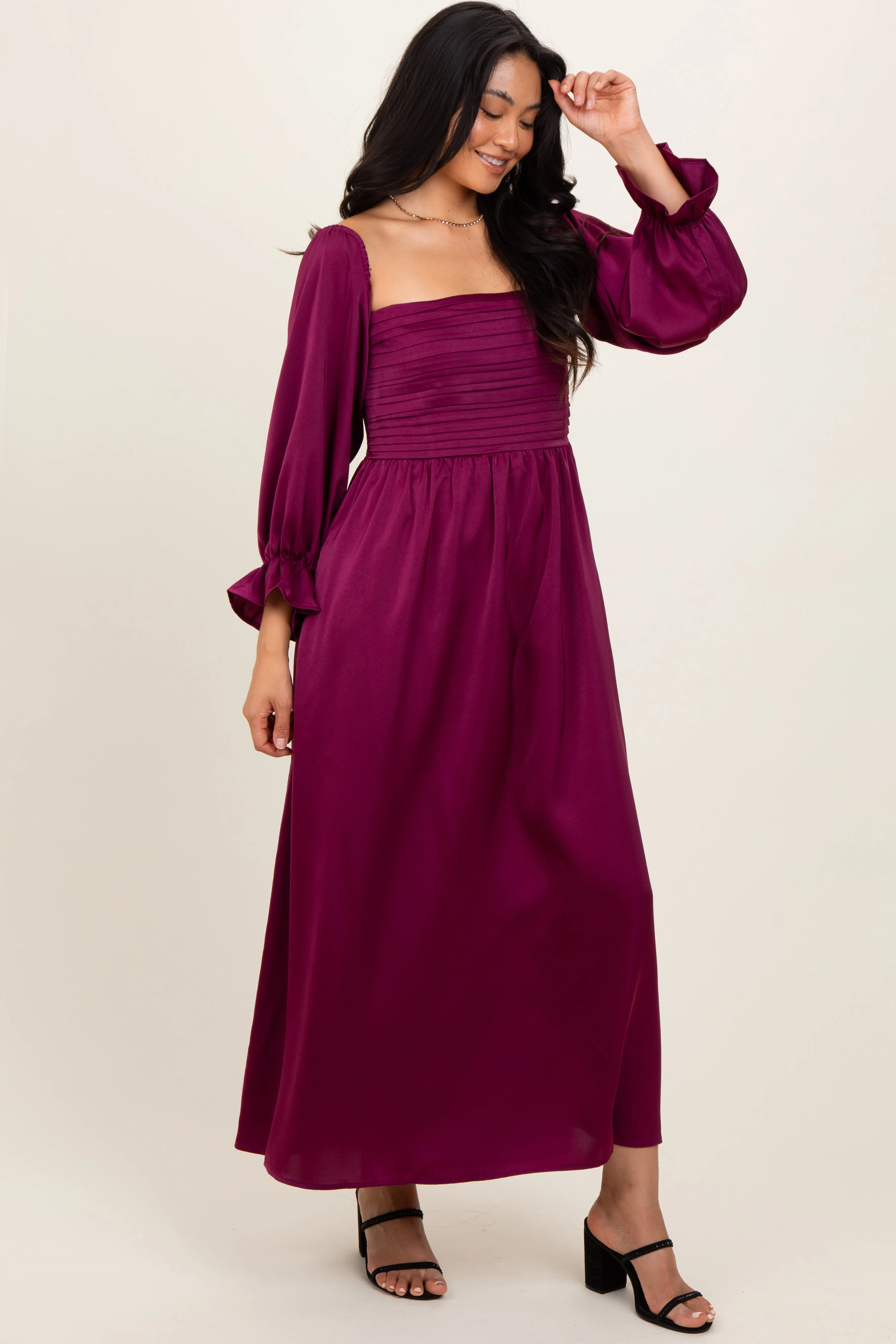 Burgundy Off Shoulder Satin Pleated Bodice Maxi Dress sold by Pinkblush product image thumbnail 3