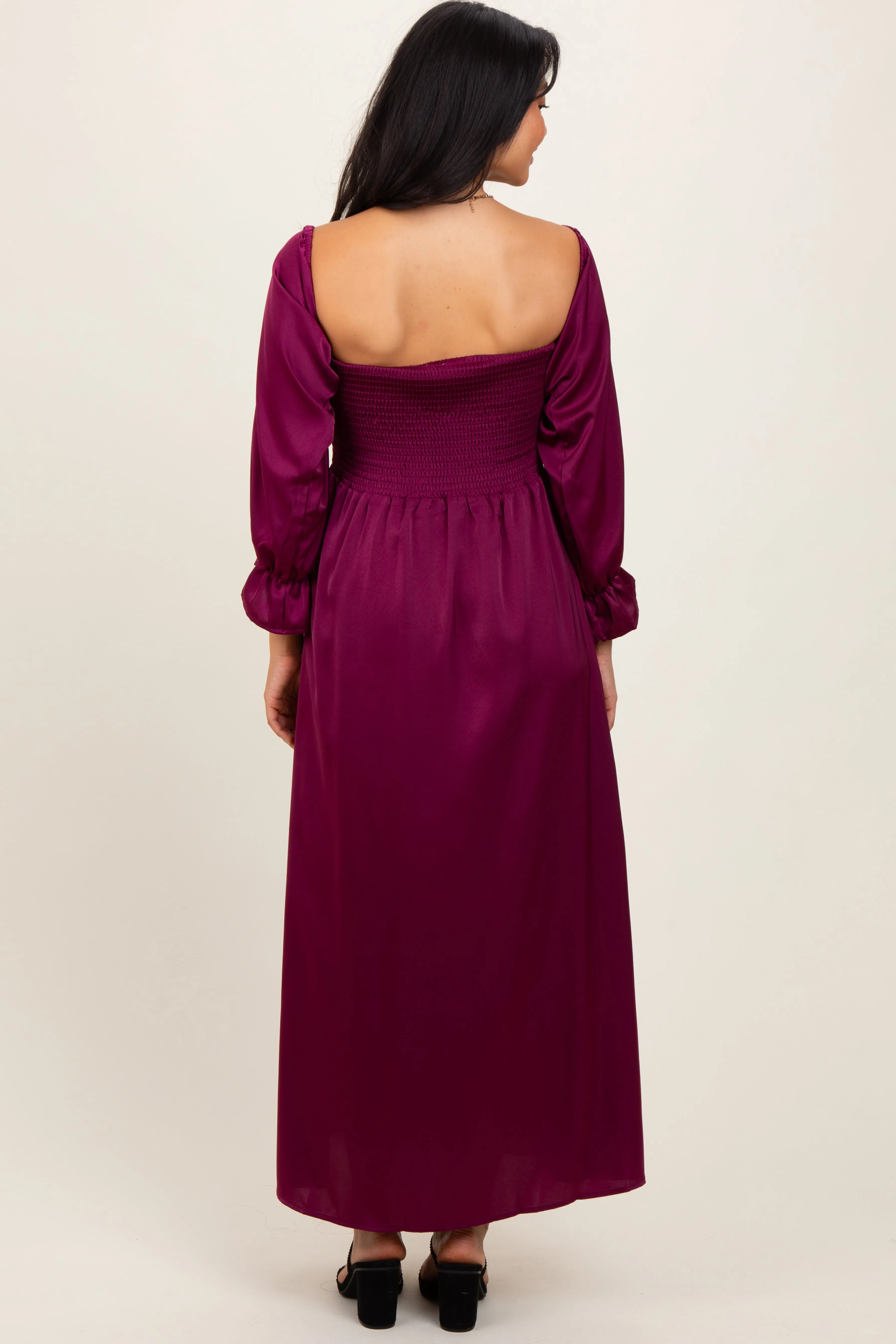 Burgundy Off Shoulder Satin Pleated Bodice Maxi Dress sold by Pinkblush product image thumbnail 4