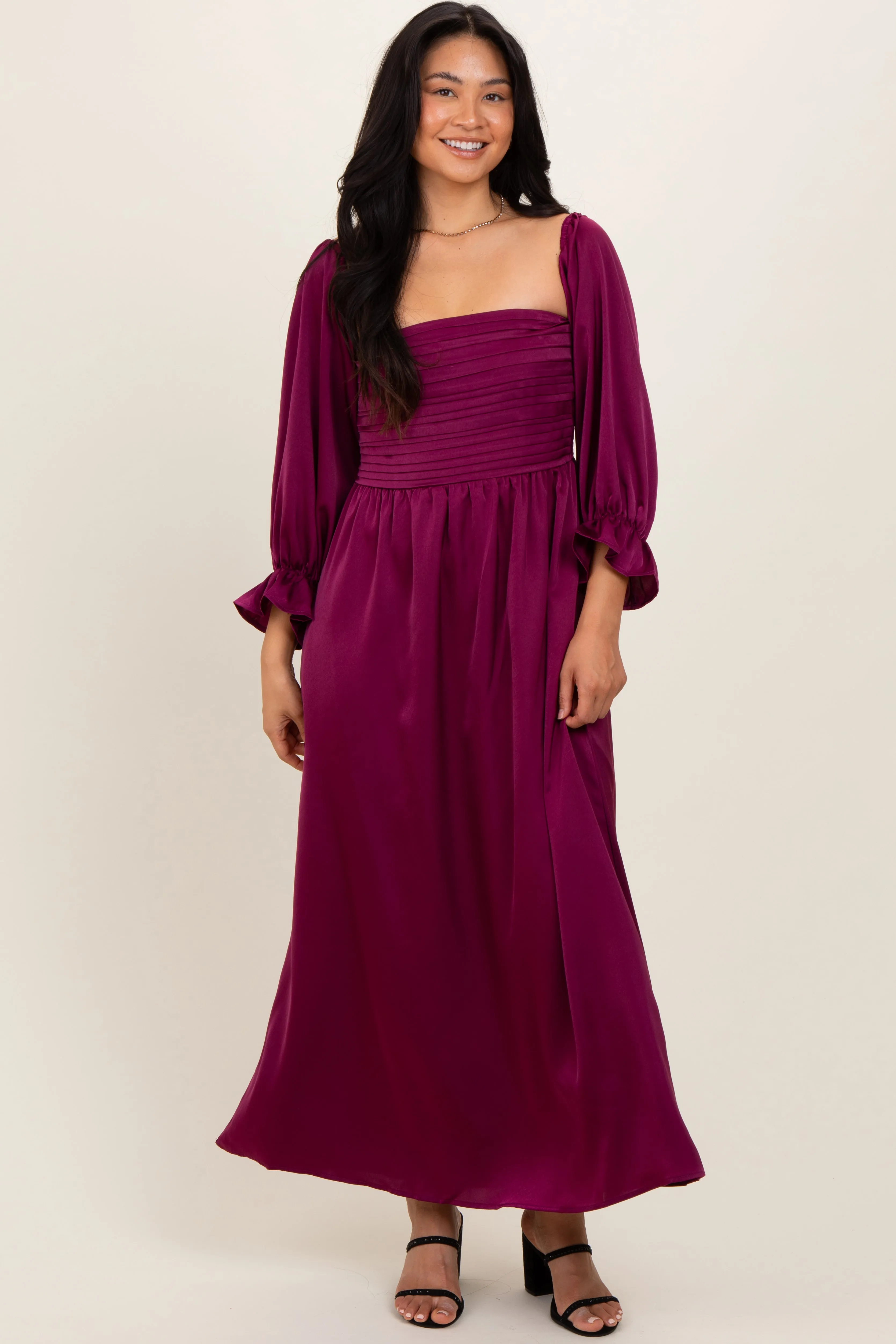 Burgundy Off Shoulder Satin Pleated Bodice Maxi Dress sold by Pinkblush