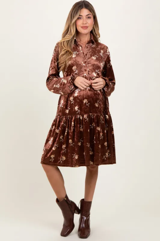 Brown Floral Velvet Button Down Maternity Midi Dress sold by Pinkblush