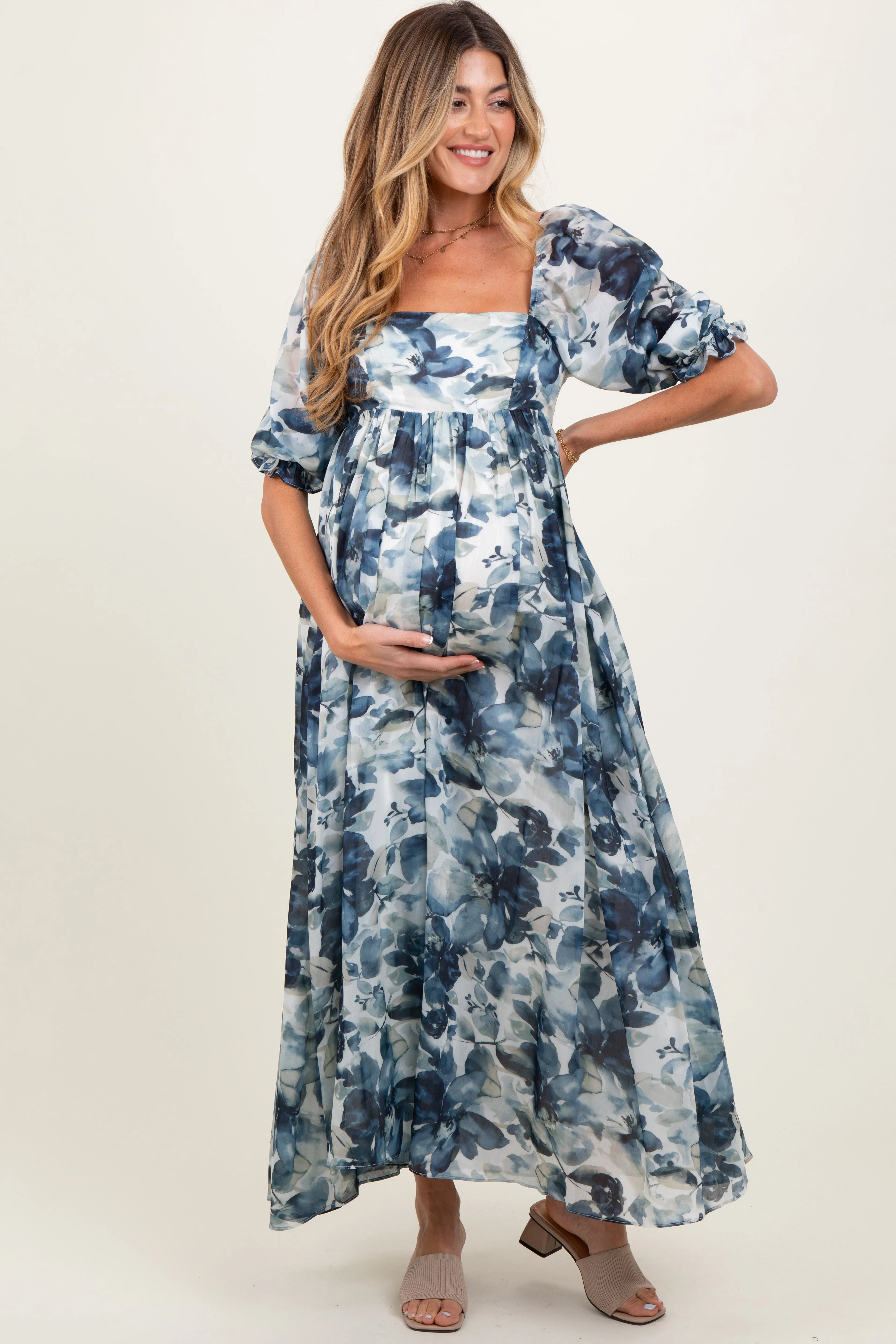 Navy Floral 3/4 Puff Sleeve Maternity Maxi Dress sold by Pinkblush product image thumbnail 2