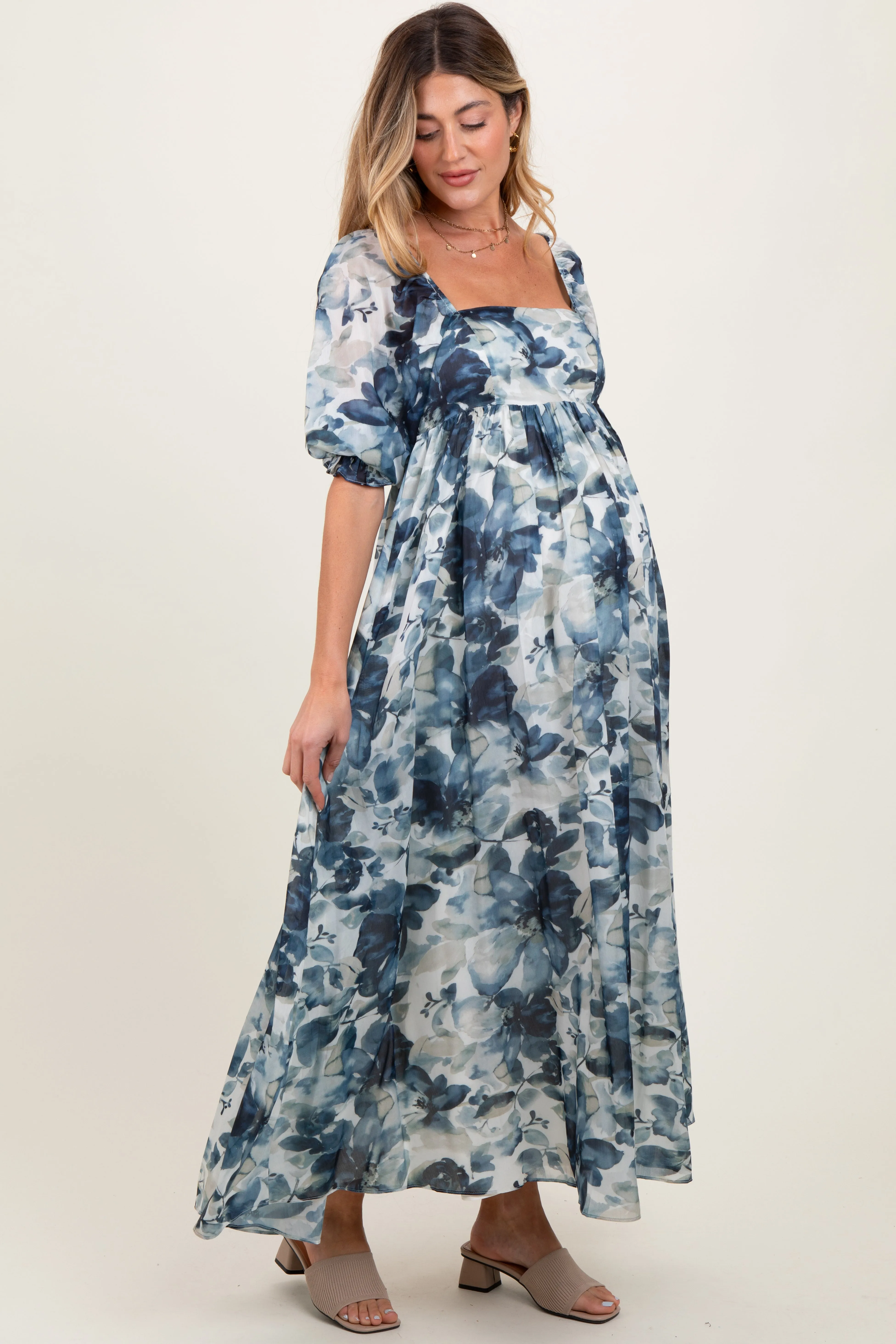 Navy Floral 3/4 Puff Sleeve Maternity Maxi Dress sold by Pinkblush product image thumbnail 3
