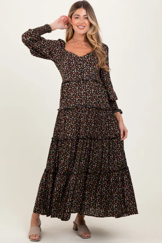 Black Floral Button Accent Bodice Tiered Maternity Maxi Dress sold by Pinkblush
