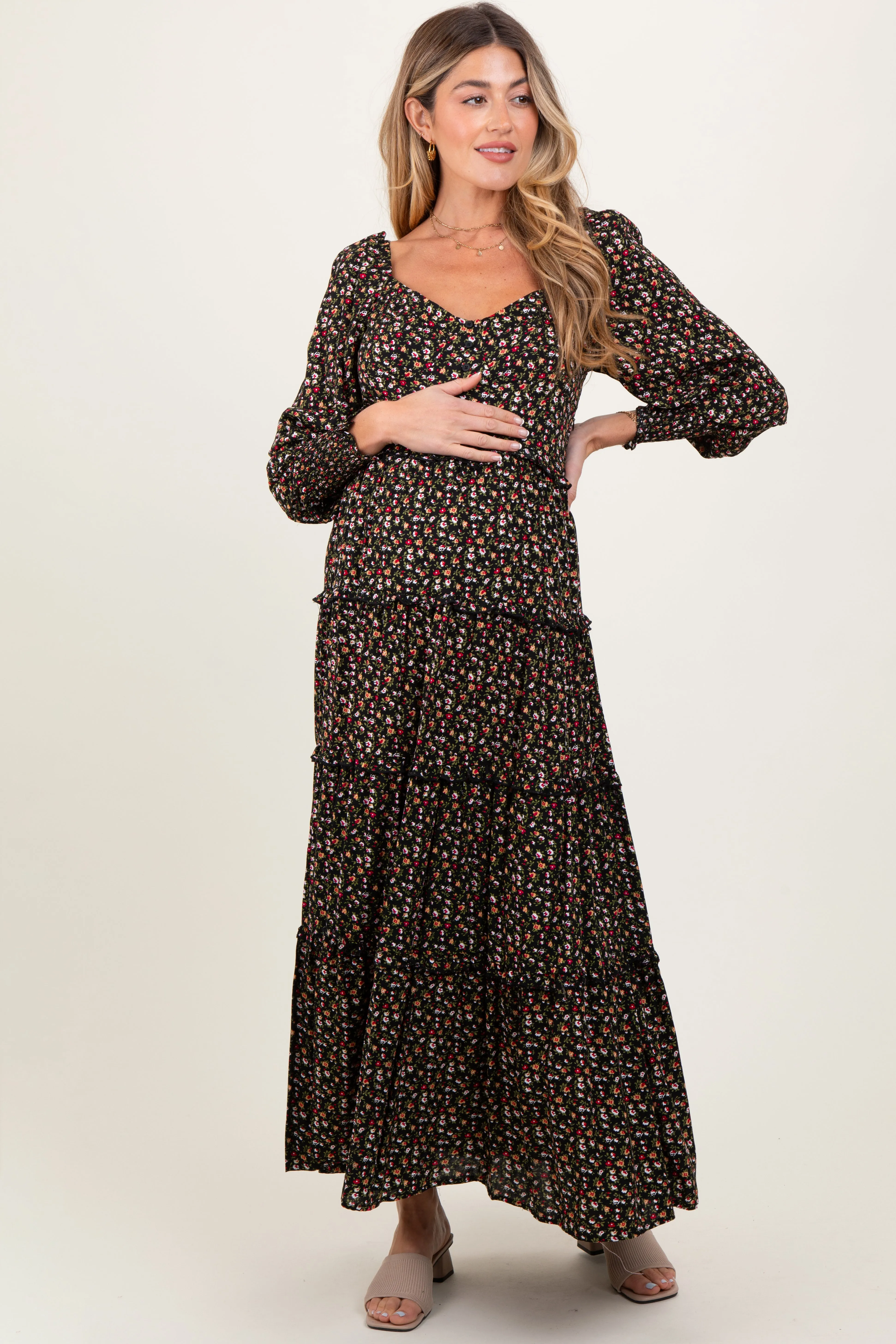 Black Floral Button Accent Bodice Tiered Maternity Maxi Dress sold by Pinkblush product image thumbnail 2