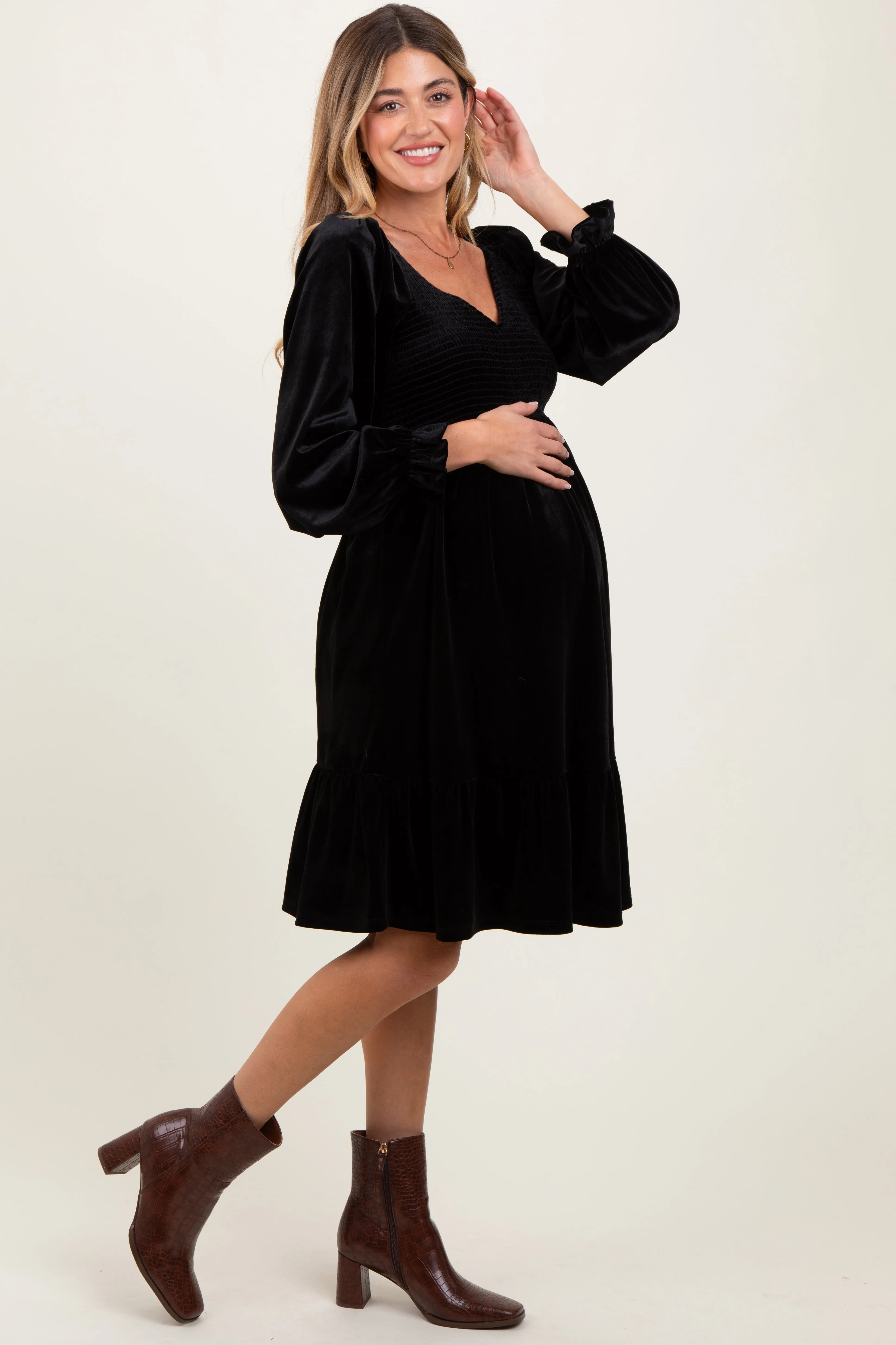 Black Velvet Smocked Maternity Long Sleeve Dress sold by Pinkblush product image thumbnail 2