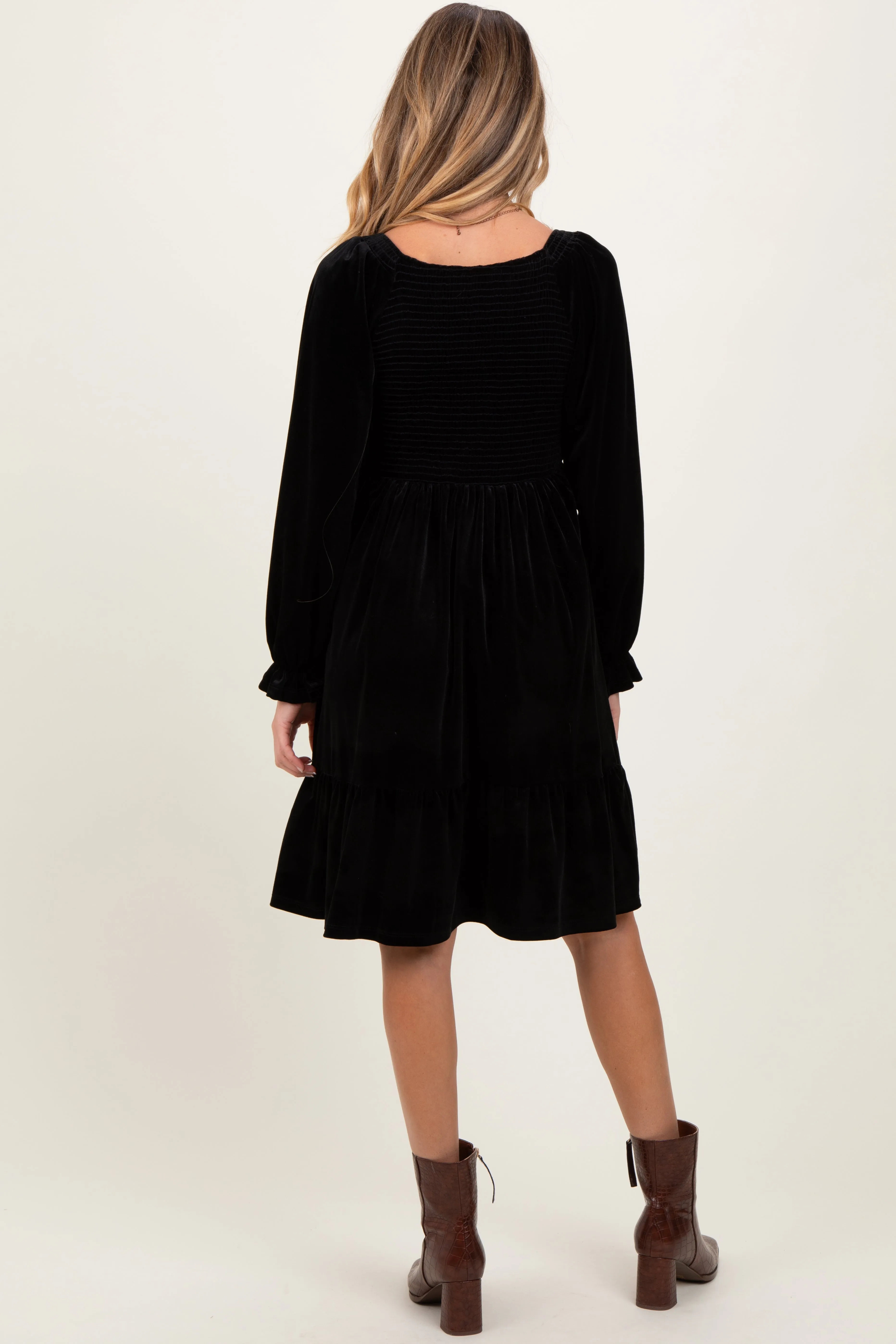 Black Velvet Smocked Maternity Long Sleeve Dress sold by Pinkblush product image thumbnail 3