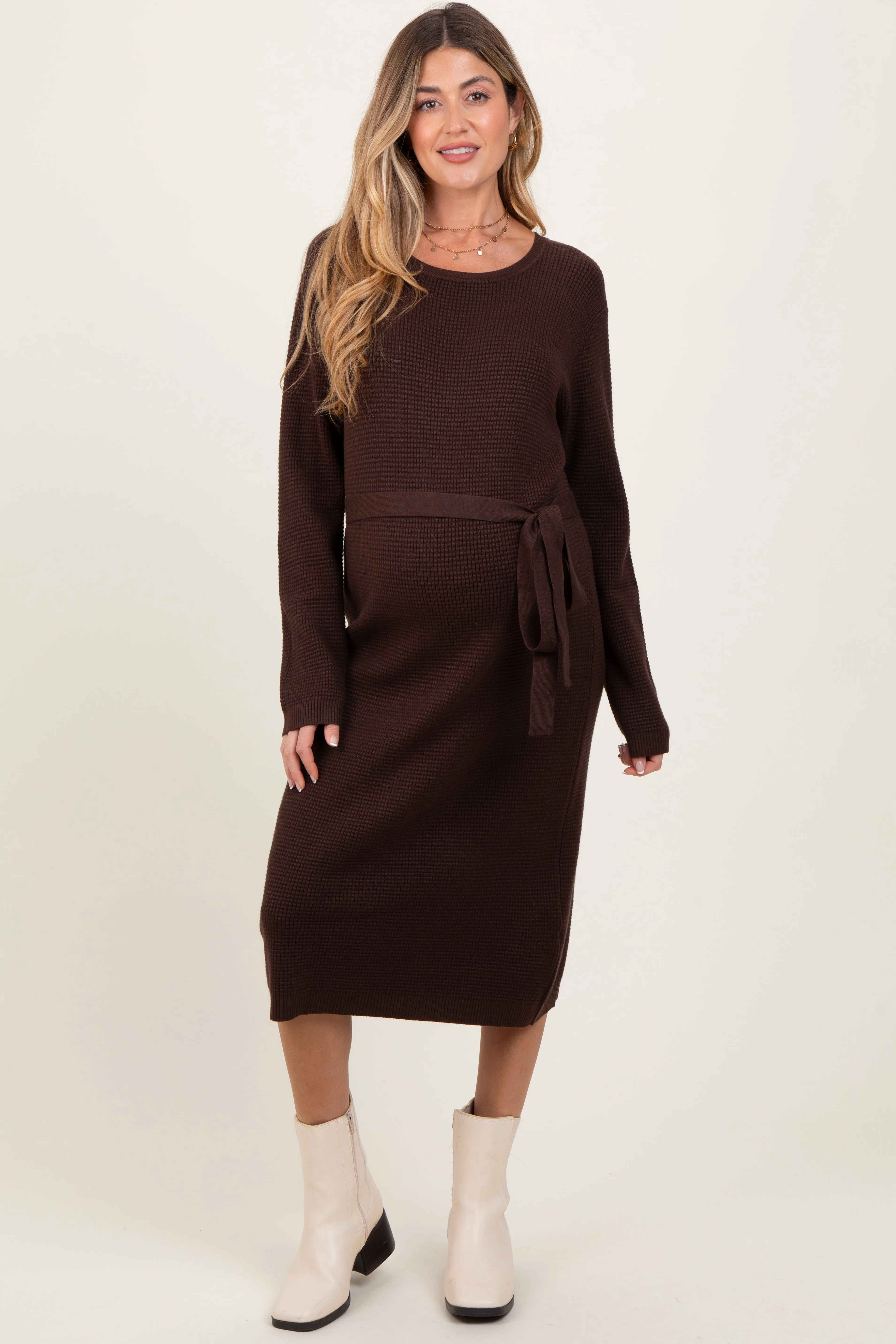 Brown Waffle Knit Sash Tie Maternity Midi Sweater Dress sold by Pinkblush