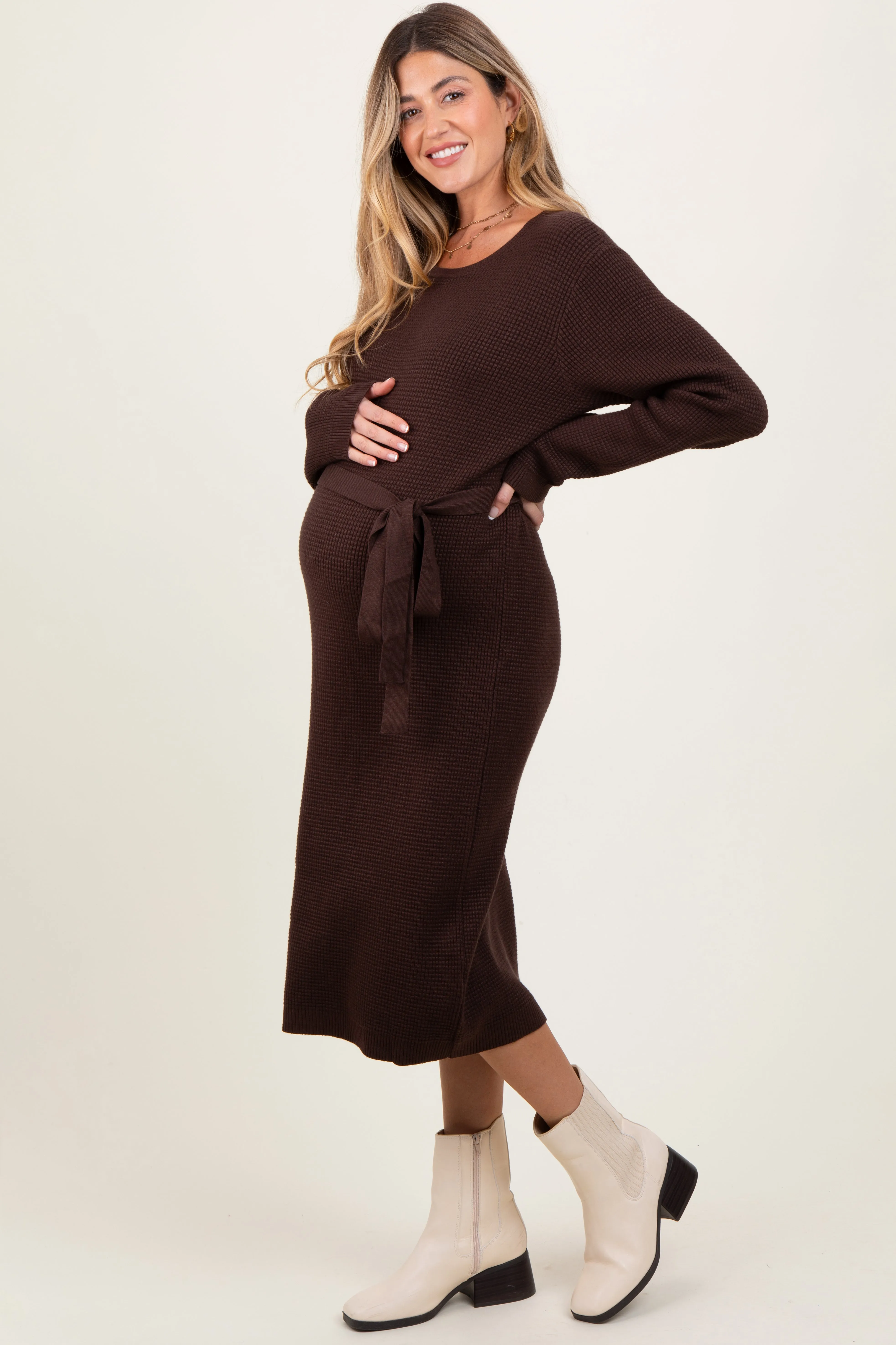 Brown Waffle Knit Sash Tie Maternity Midi Sweater Dress sold by Pinkblush product image thumbnail 2