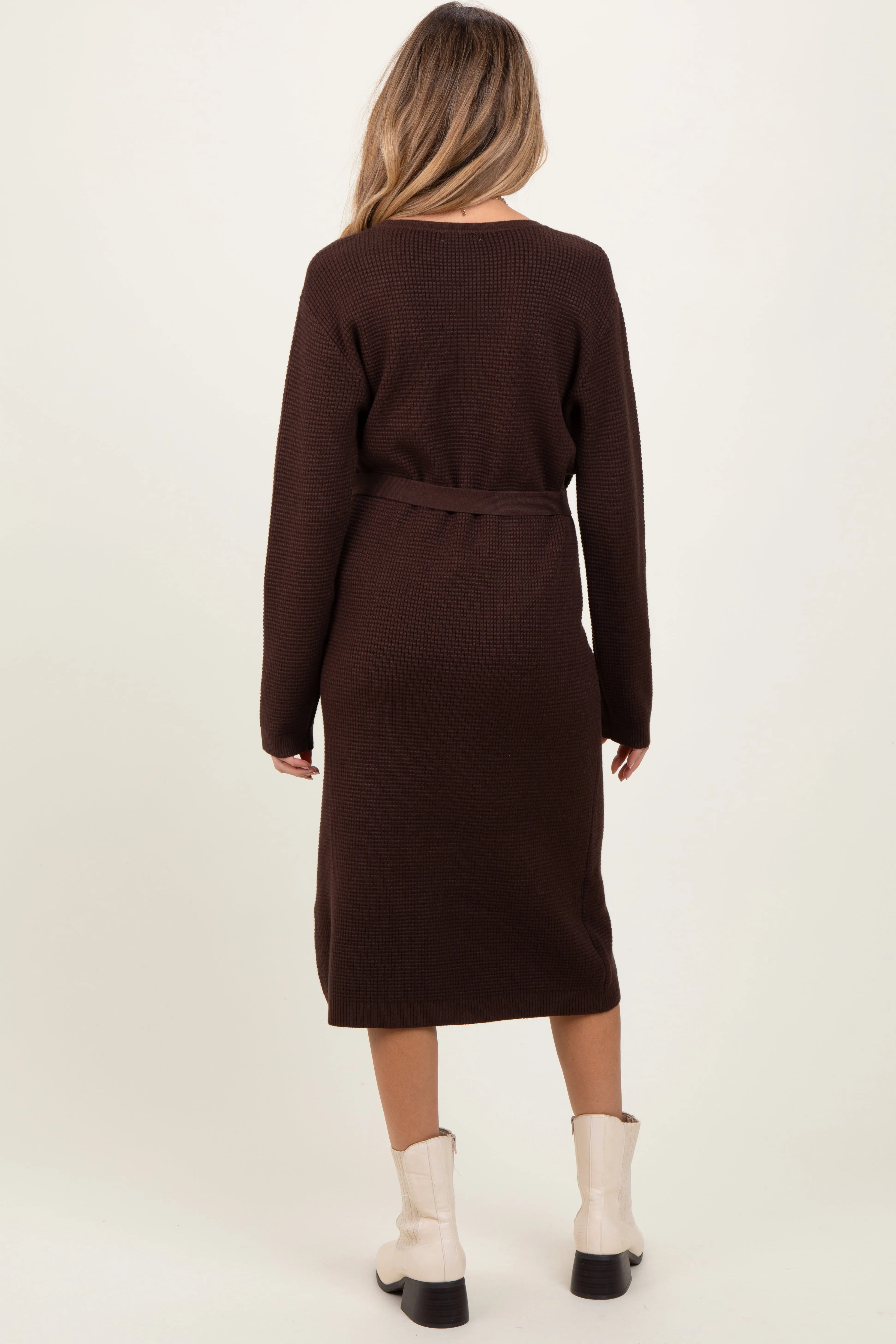 Brown Waffle Knit Sash Tie Maternity Midi Sweater Dress sold by Pinkblush product image thumbnail 3