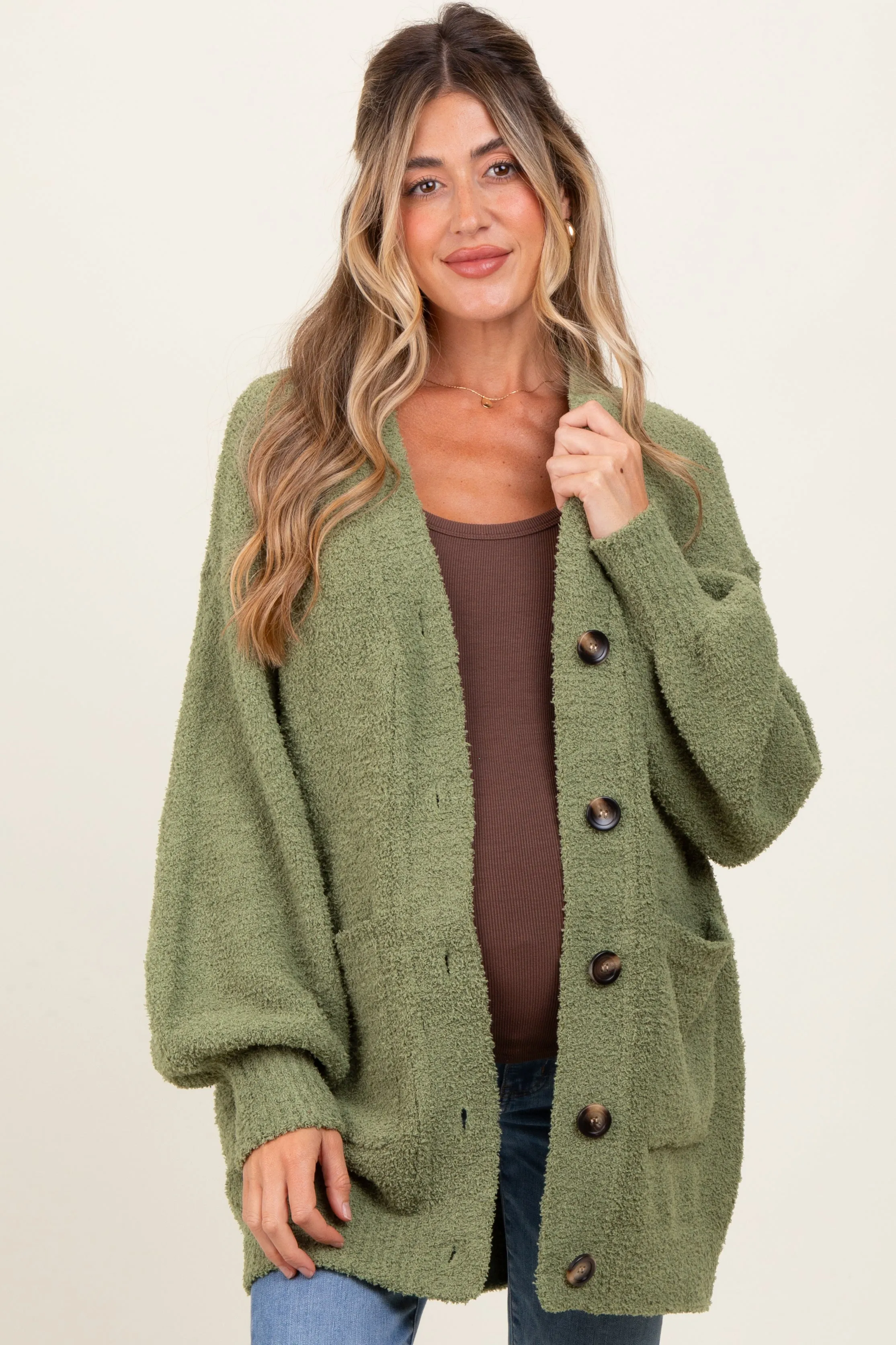 Light Olive Fuzzy Knit Oversized Button Up Maternity Cardigan sold by Pinkblush