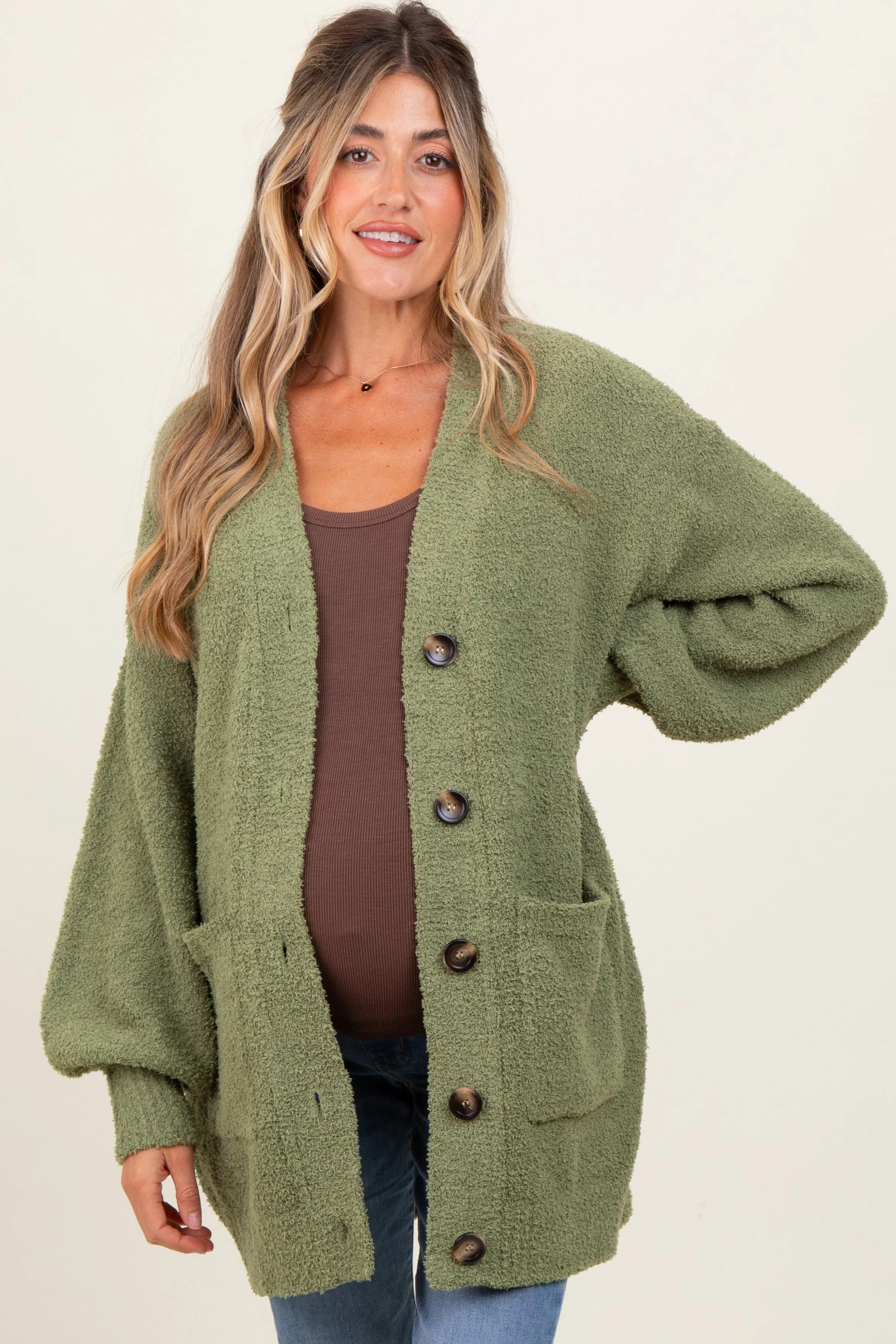 Light Olive Fuzzy Knit Oversized Button Up Maternity Cardigan sold by Pinkblush product image thumbnail 2