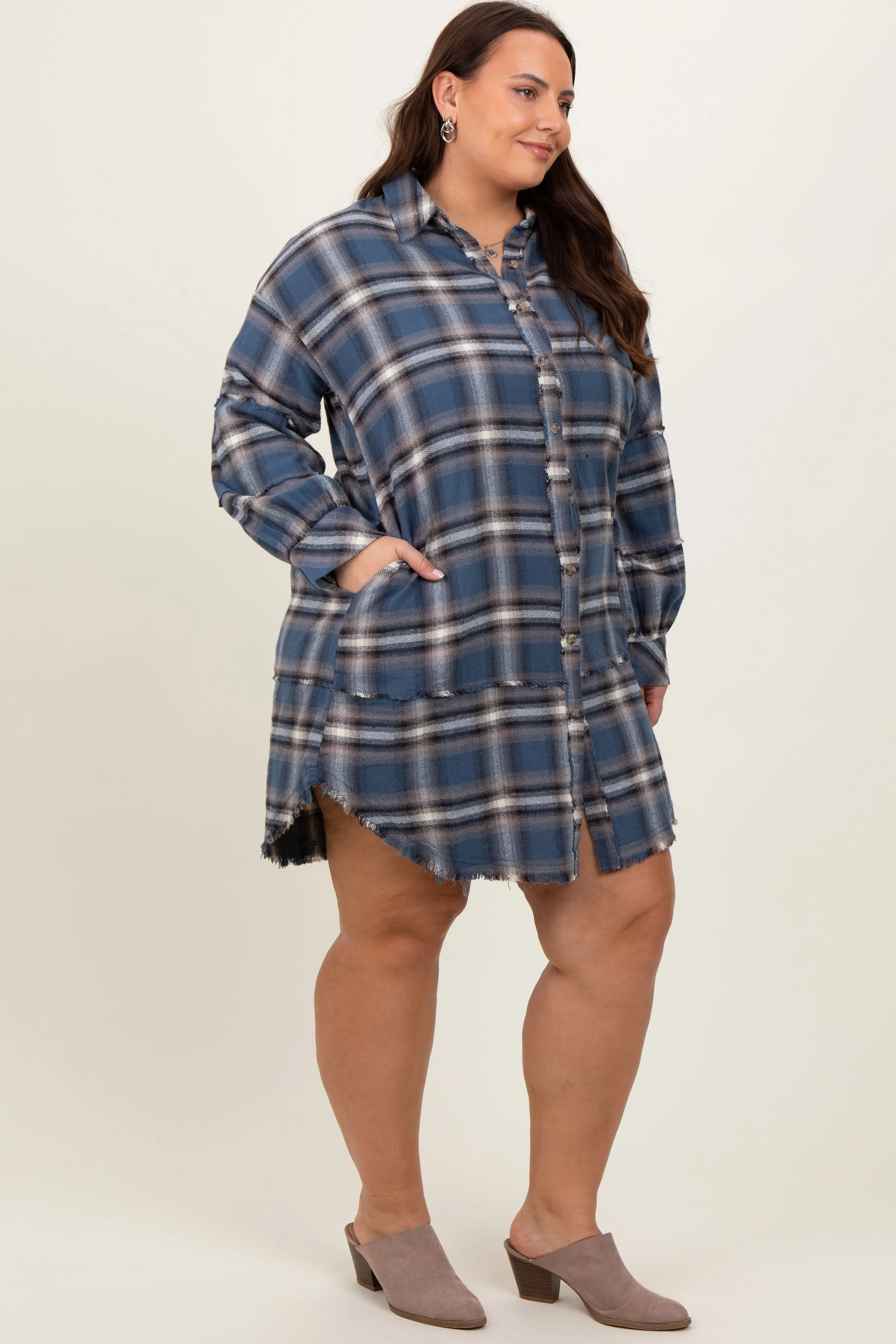Blue Plaid Button Down Raw Hem Plus Dress sold by Pinkblush product image thumbnail 3
