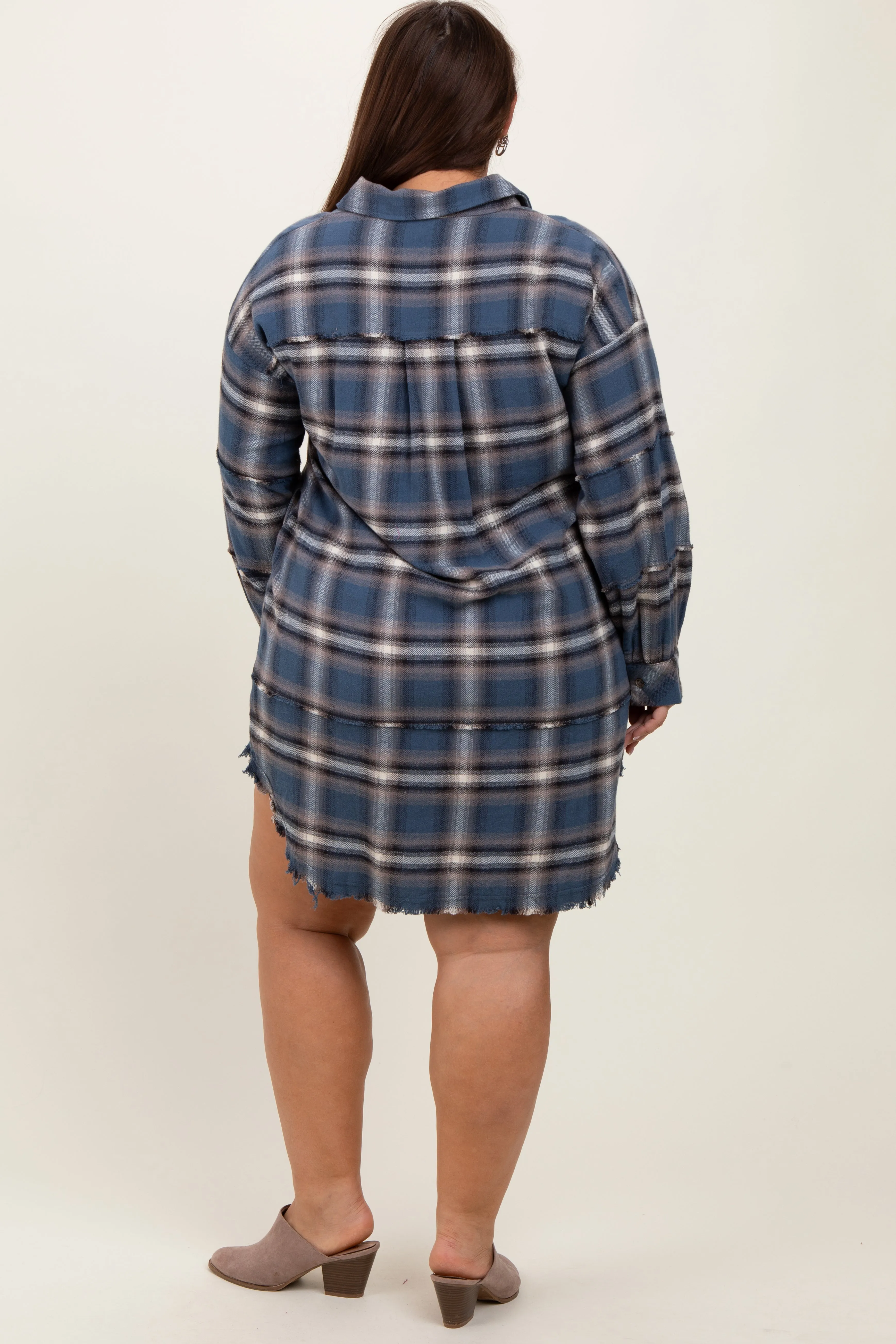 Blue Plaid Button Down Raw Hem Plus Dress sold by Pinkblush product image thumbnail 4