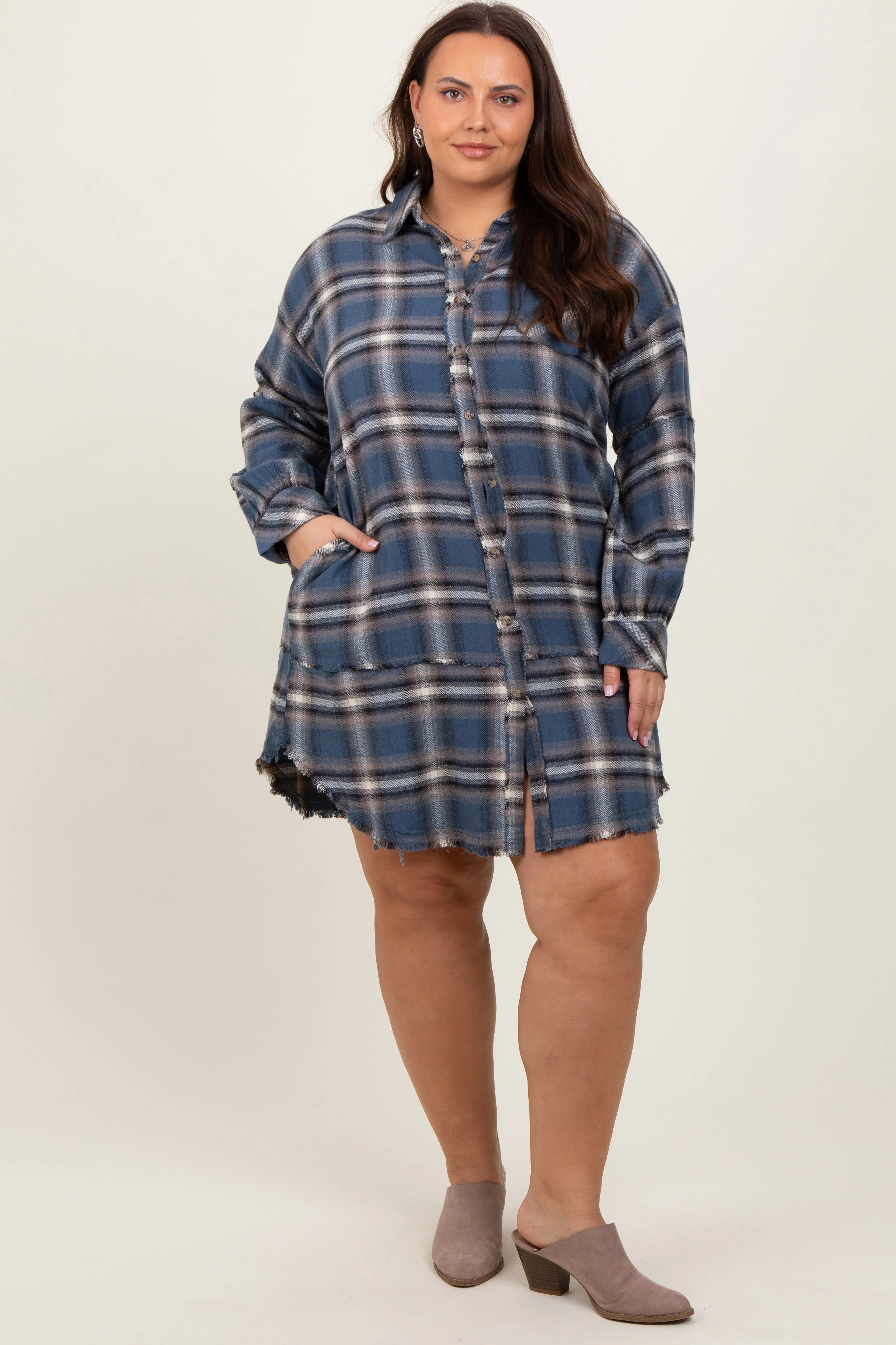 Blue Plaid Button Down Raw Hem Plus Dress sold by Pinkblush
