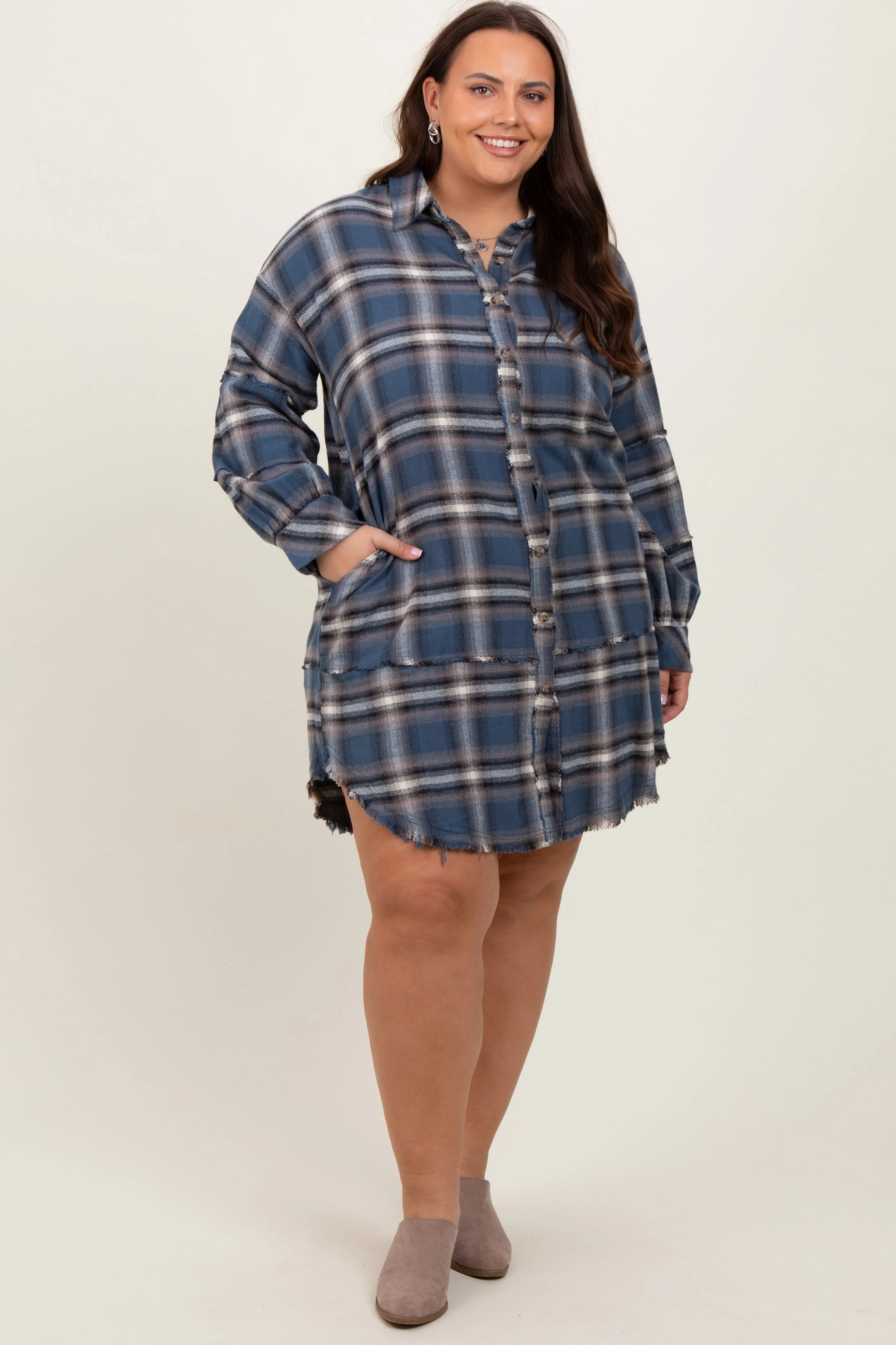 Blue Plaid Button Down Raw Hem Plus Dress sold by Pinkblush product image thumbnail 2