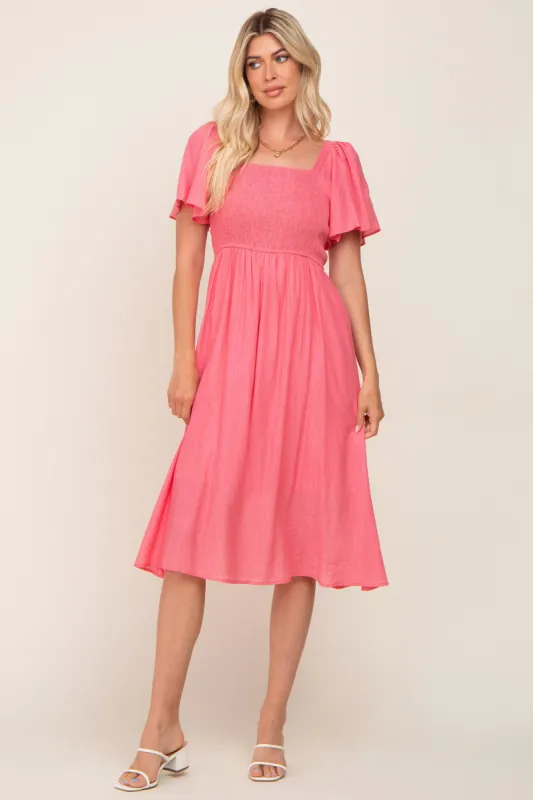 Coral Smocked Square Neck Flutter Short Sleeve Midi Dress sold by Pinkblush