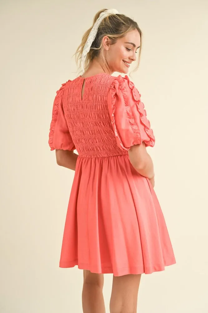 Red Ruffled Bubble Sleeve Smocked Mini Dress sold by Pinkblush product image thumbnail 4