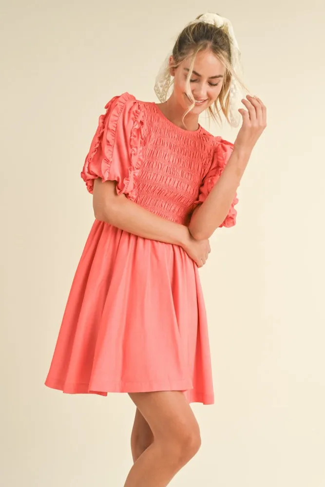 Red Ruffled Bubble Sleeve Smocked Mini Dress sold by Pinkblush