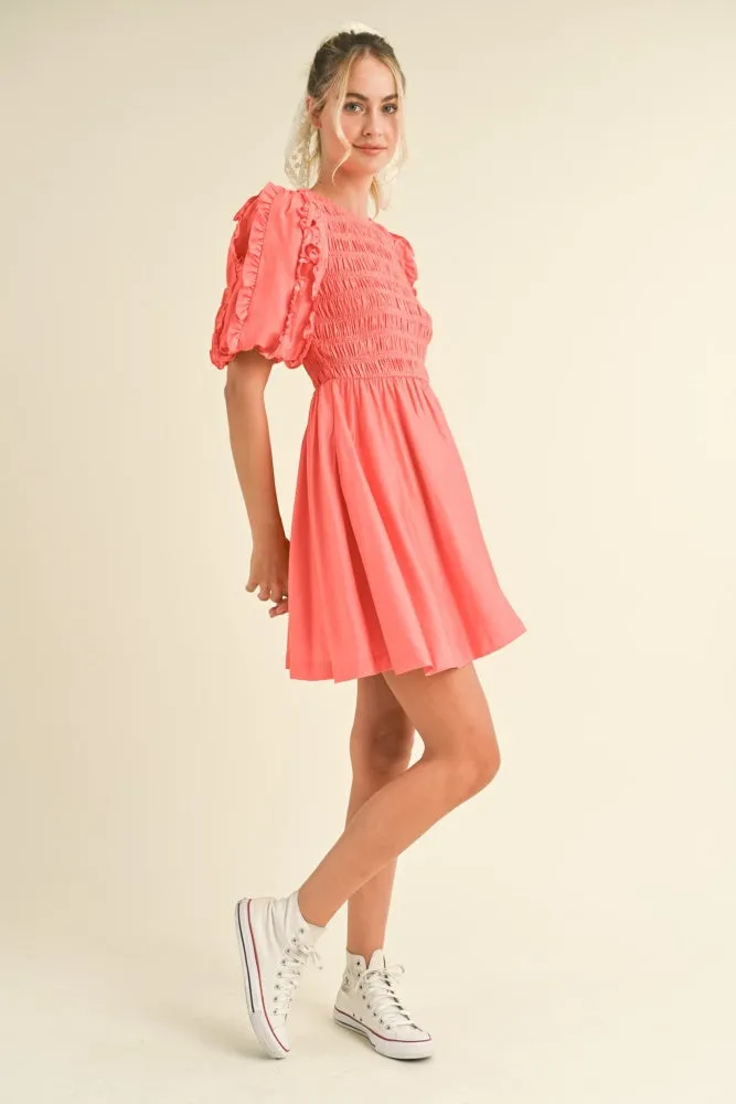 Red Ruffled Bubble Sleeve Smocked Mini Dress sold by Pinkblush product image thumbnail 5