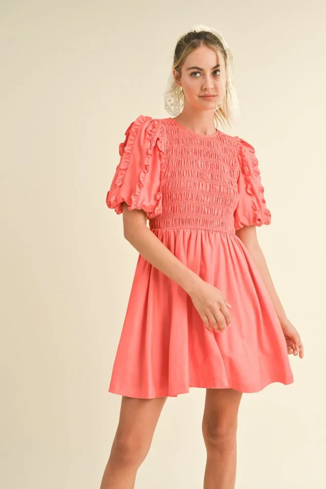 Red Ruffled Bubble Sleeve Smocked Mini Dress sold by Pinkblush product image thumbnail 2