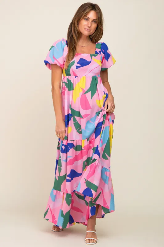 Pink Abstract Print Puff Sleeve Maxi Dress sold by Pinkblush