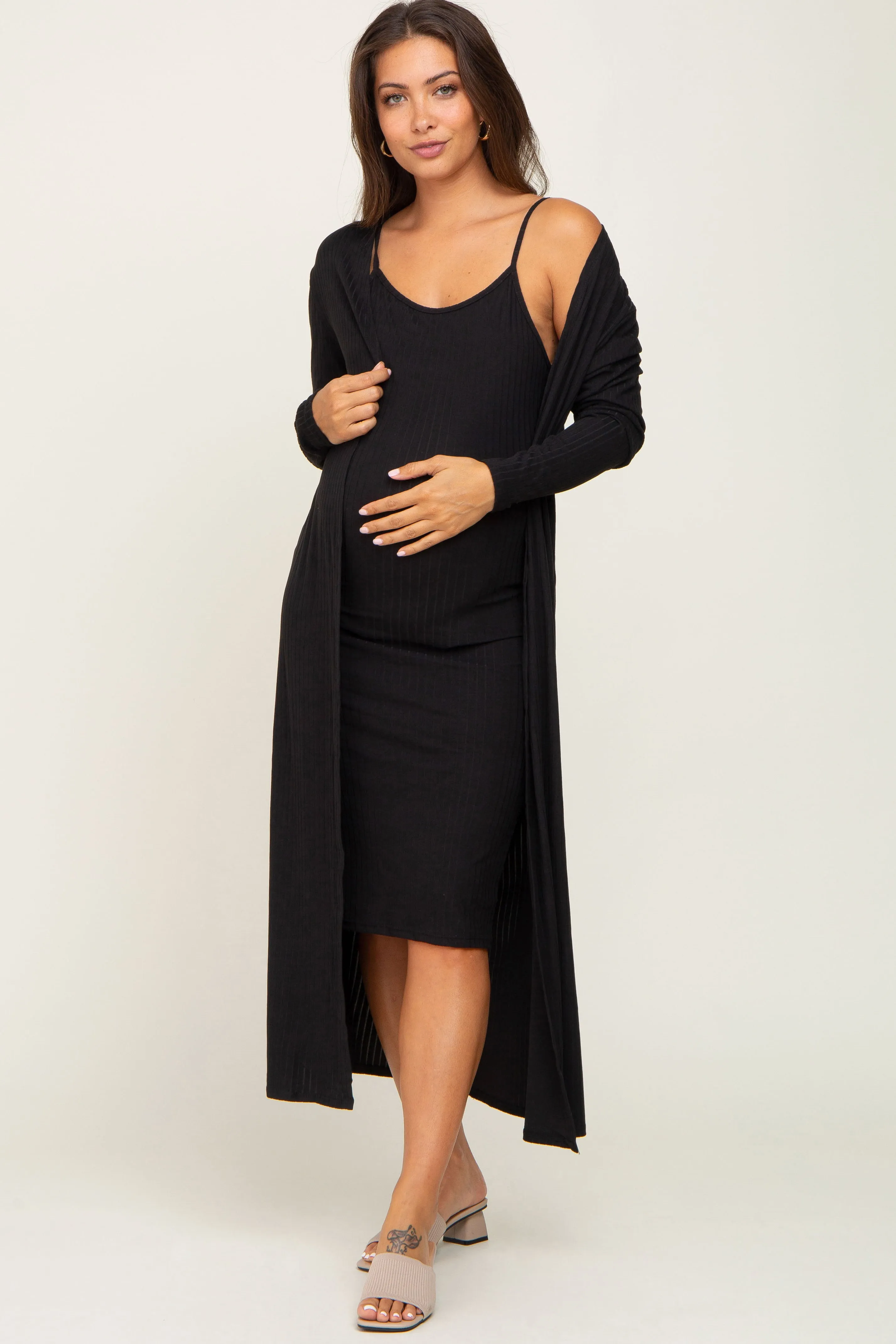 Black Ribbed Cardigan 2 Piece Maternity Set sold by Pinkblush