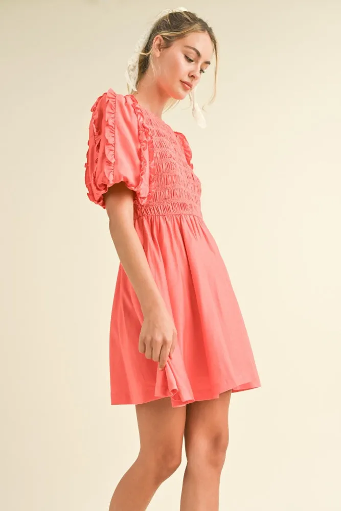 Red Ruffled Bubble Sleeve Smocked Mini Dress sold by Pinkblush product image thumbnail 3