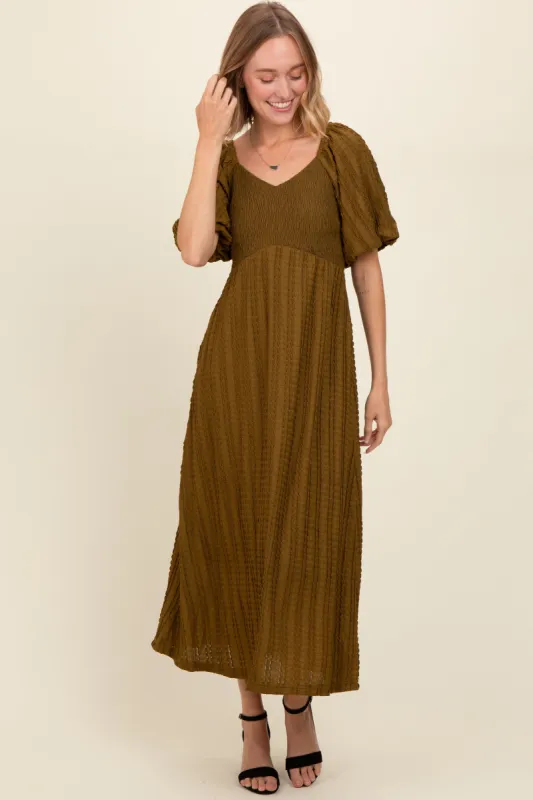 Olive Smocked V-Neck Short Puff Sleeve Textured Midi Dress sold by Pinkblush