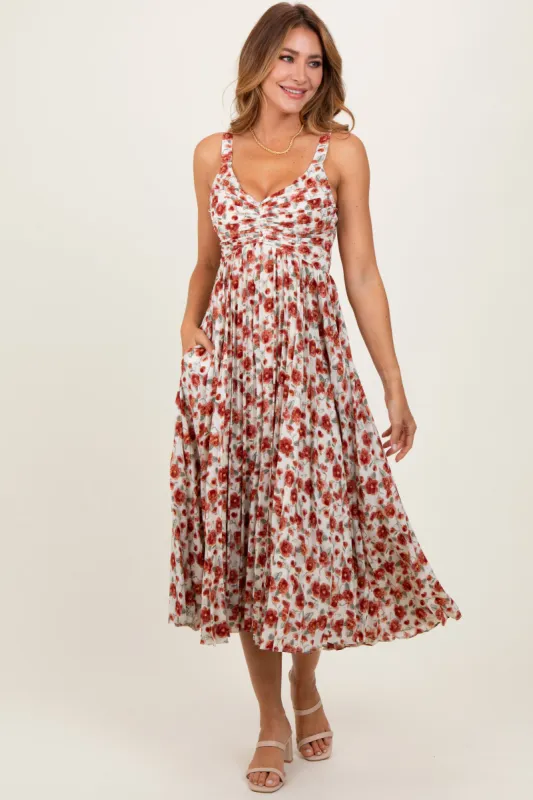Red Floral Pleated Midi Dress sold by Pinkblush