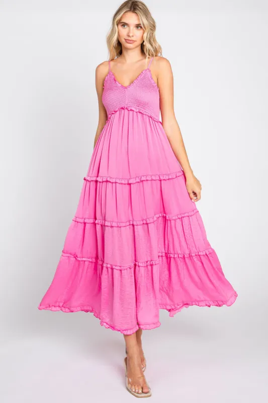 Pink Smocked Ruffle Tiered Maxi Dress sold by Pinkblush