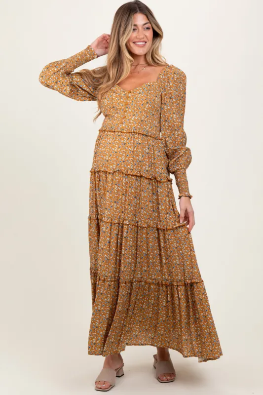Camel Floral Button Accent Bodice Tiered Maternity Maxi Dress sold by Pinkblush